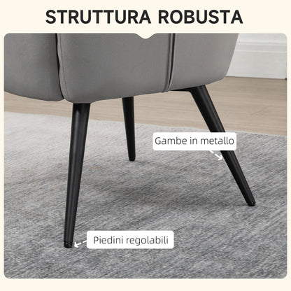 Upholstered Armchair with Armrests and Integrated Footrest in Velvet Effect Fabric Light Grey - Borgè