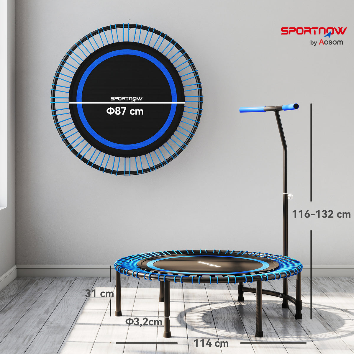 SPORTNOW Fitness Trampoline Ø145 cm with 5-Position Adjustable Handlebar, 36 Bungee Springs and 200 kg Capacity, Blue