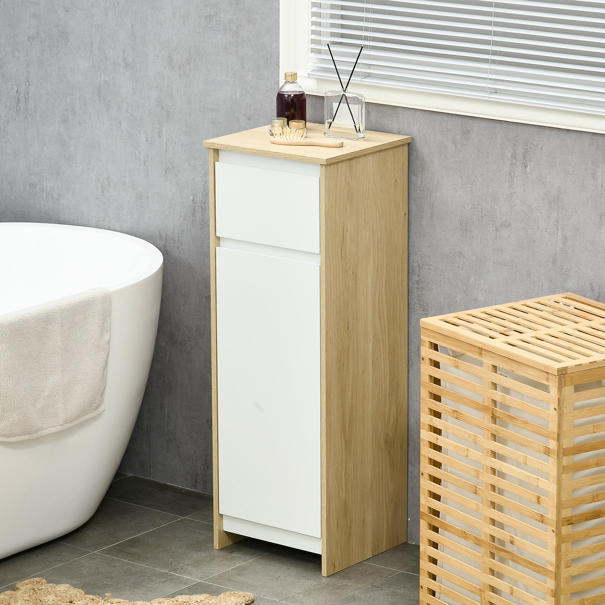 kleankin Bathroom Cabinet with Drawer and Cabinet with Internal Adjustable Shelf, in MDF, 32.6x30x90 cm - Borgè