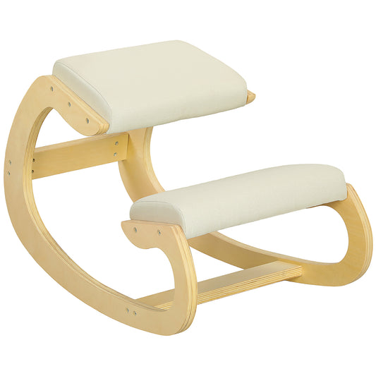 Kneeling Chair with Rocking Movement, in Linen Effect Fabric and Birch Wood, 55x85x55 cm, Cream