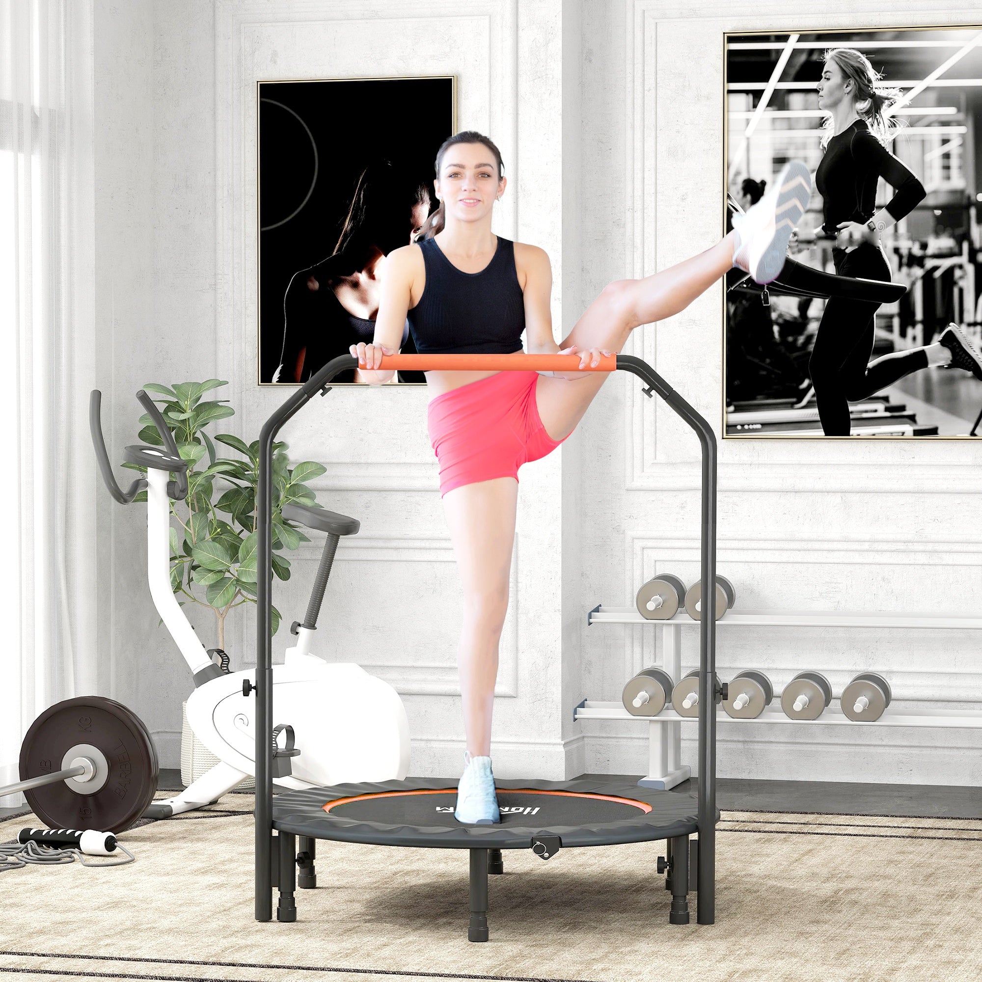 HOMCOM Mini Fitness Trampoline Ø114 cm Foldable with Height-Adjustable Handlebar, Orange and Black