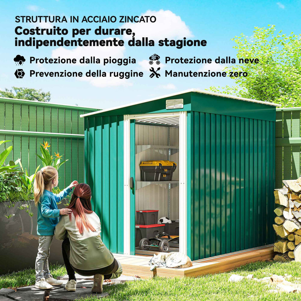 Outsunny 1.5x2m Metal Tool Shed with Base, Sliding Door and Sloped Roof, Green