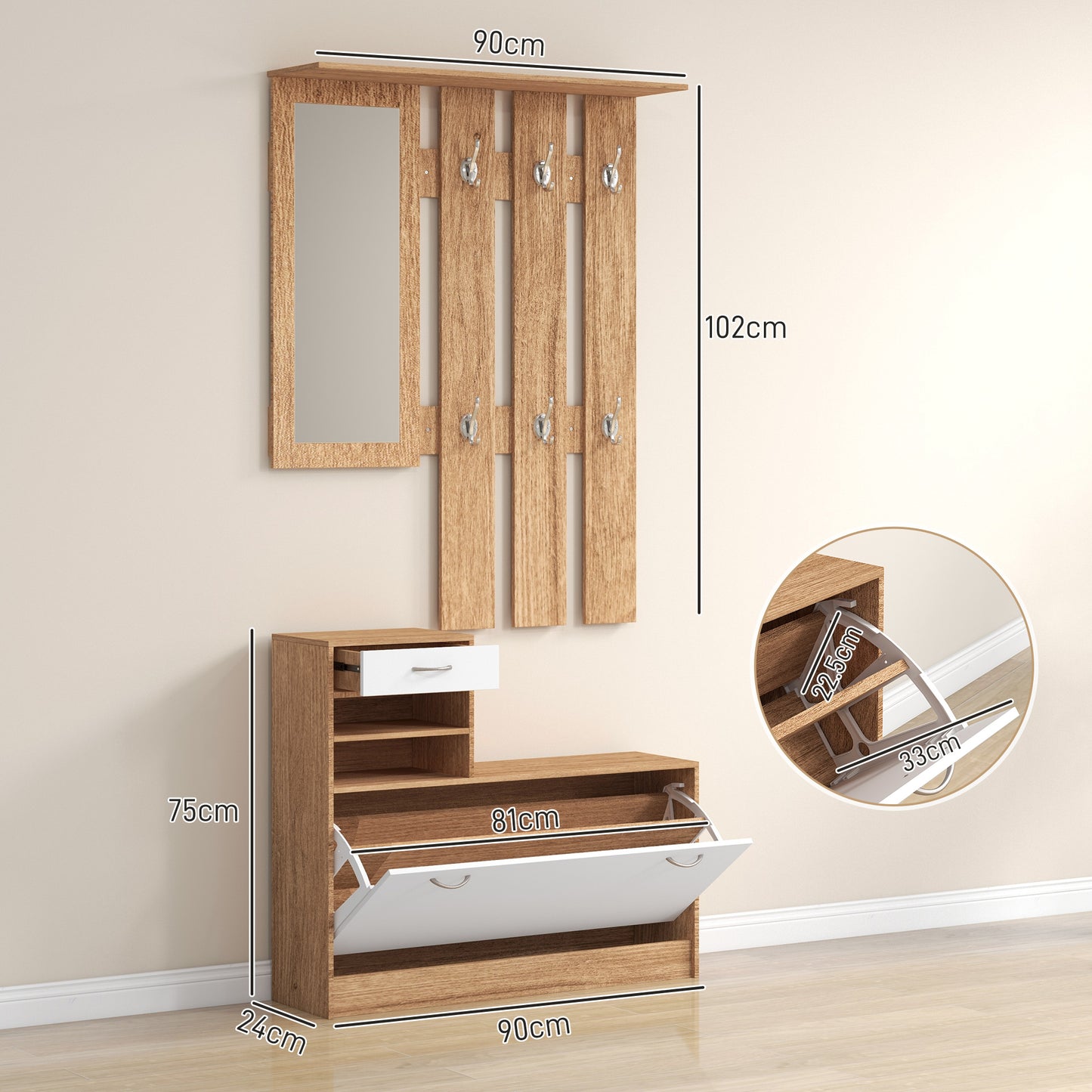 TWENTY | Coat Stand 3 in 1 with Shoe Rack and Mirror, Hooks and Drawers, in Wood, 90x24x177 cm, White and Walnut