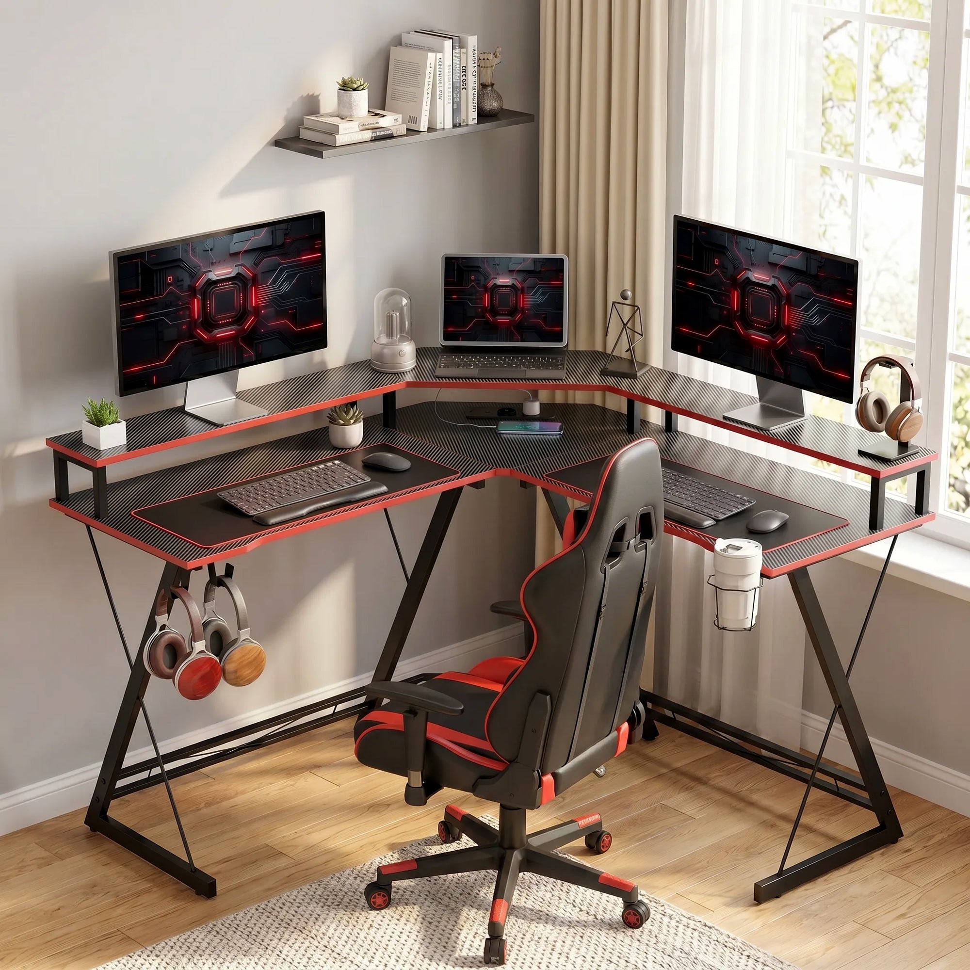 HOMCOM Corner Gaming Desk with Monitor Stand, Headphone Hook and Cup Holder, 128x128x88 cm, Black