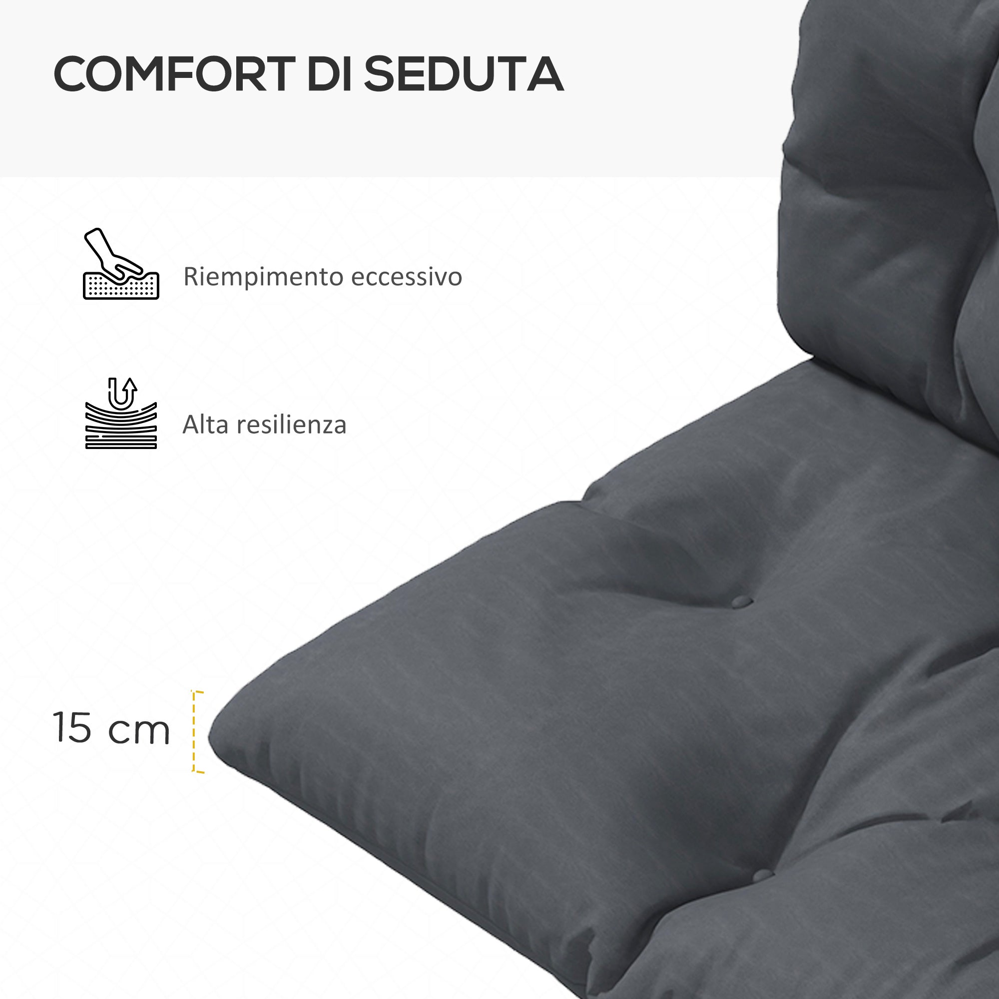 Set of 3 Garden Cushions for Sofas and Pallets in Polyester with Thick Padding, Charcoal Gray - Borgè