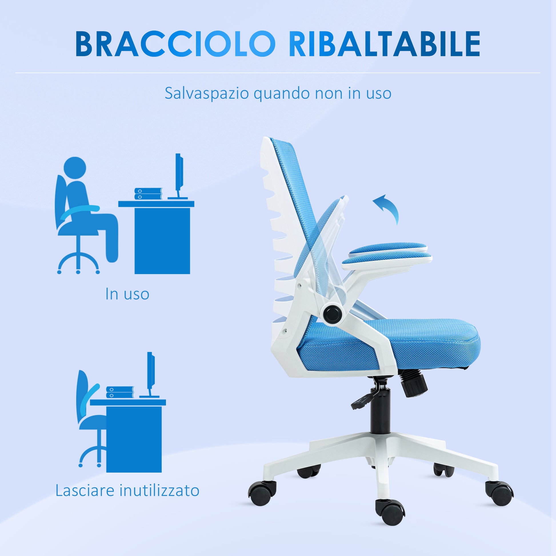 Vinsetto Ergonomic Height-Adjustable Swivel Chair with Armrests, 54x54x89-99 cm, White and Light Blue - Borgè