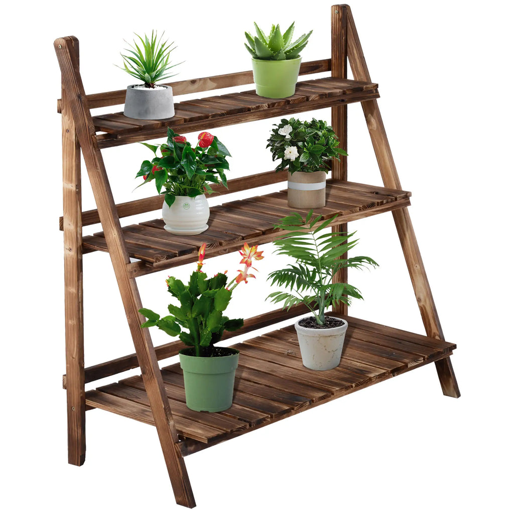 Folding Plant Stand Fir Wood Plant Pot Holder with 3 Tiers Outdoor Plant Shelf Flower Stand 100x37x93cm - Borge' Group Limited