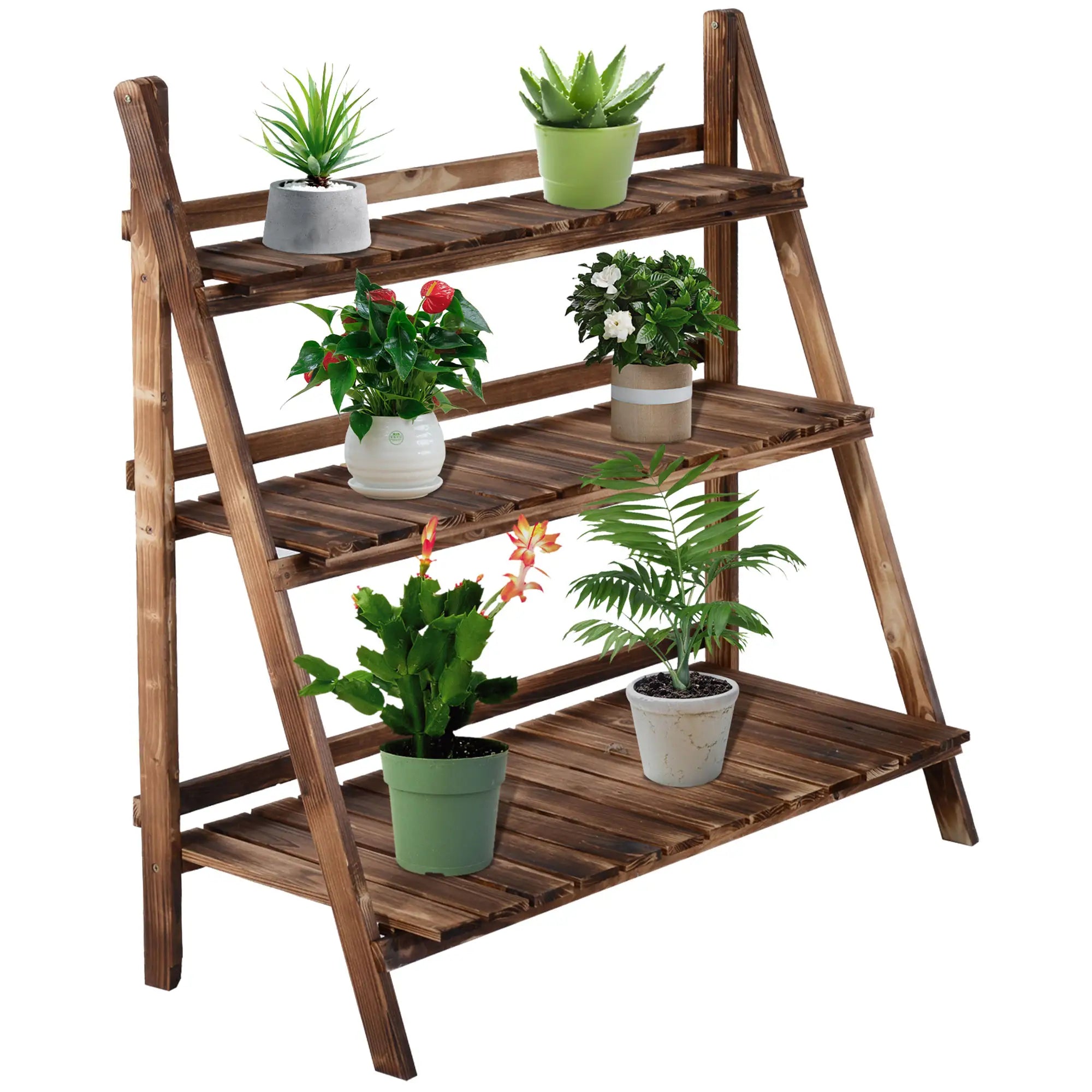 Folding Plant Stand Fir Wood Plant Pot Holder with 3 Tiers Outdoor Plant Shelf Flower Stand 100x37x93cm - Borge' Group Limited