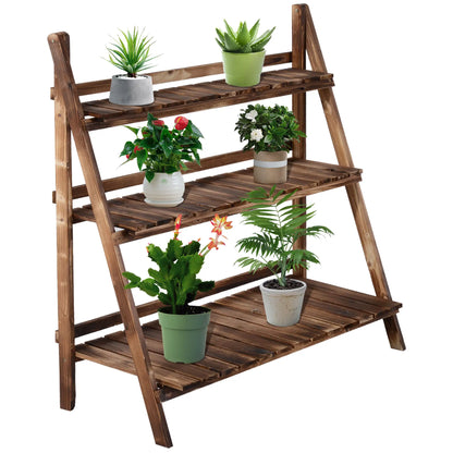 Folding Plant Stand Fir Wood Plant Pot Holder with 3 Tiers Outdoor Plant Shelf Flower Stand 100x37x93cm
