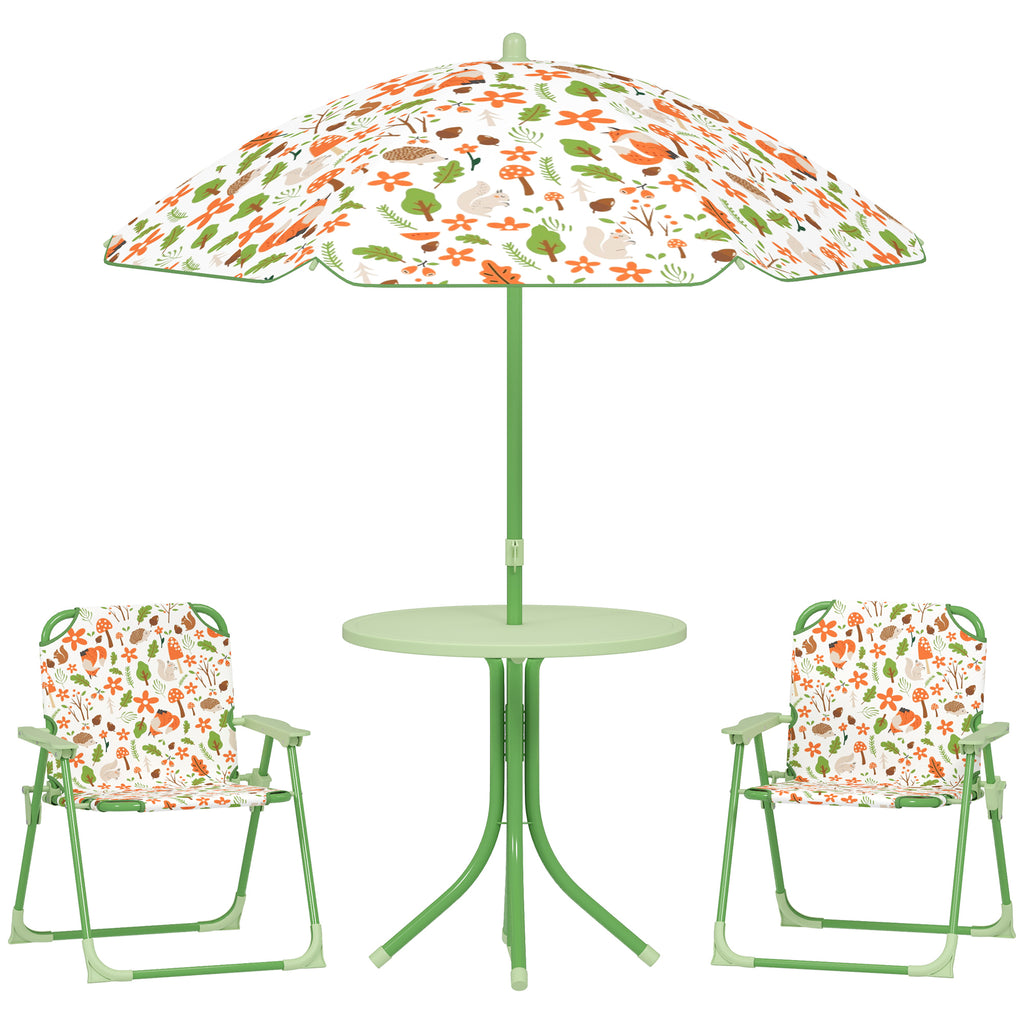Garden Set for Children 2-5 Years with Round Table, 2 Folding Chairs and a Parasol, Green
