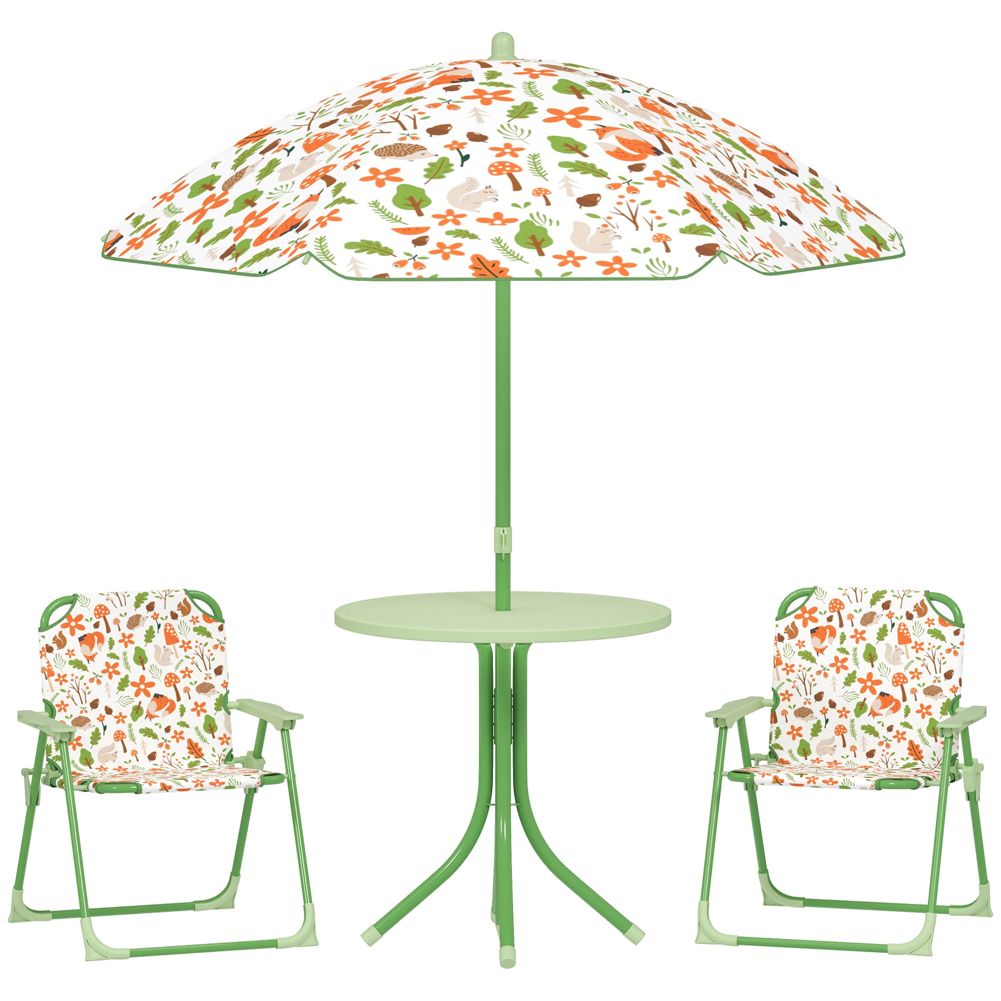 Garden Set for Children 2-5 Years with Round Table, 2 Folding Chairs and a Parasol, Green
