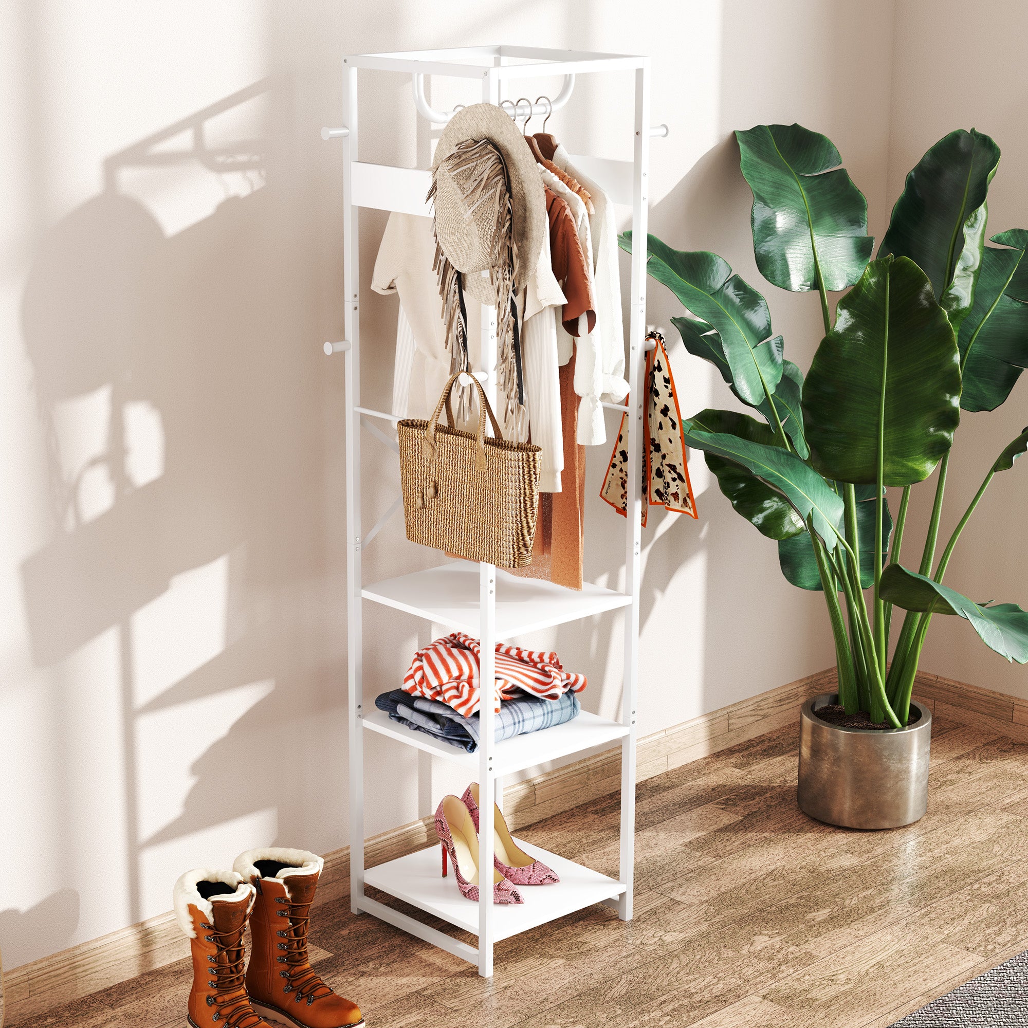 Floor Coat Hanger with Rod and 2 Open Shelves, in Wood and Steel, 38.5x30x170 cm, White and Wood Color