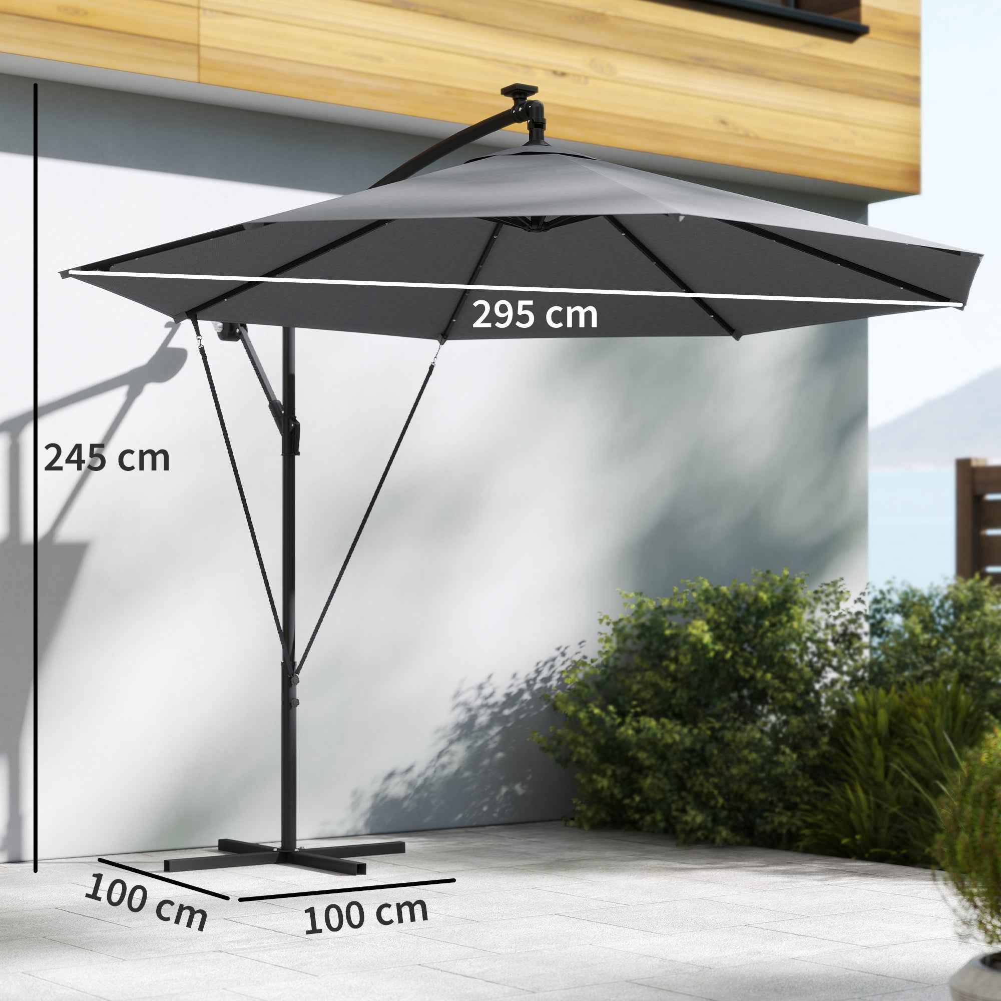 Outsunny 3m Cantilever Umbrella with Solar LED Lights, Garden Umbrella, Grey