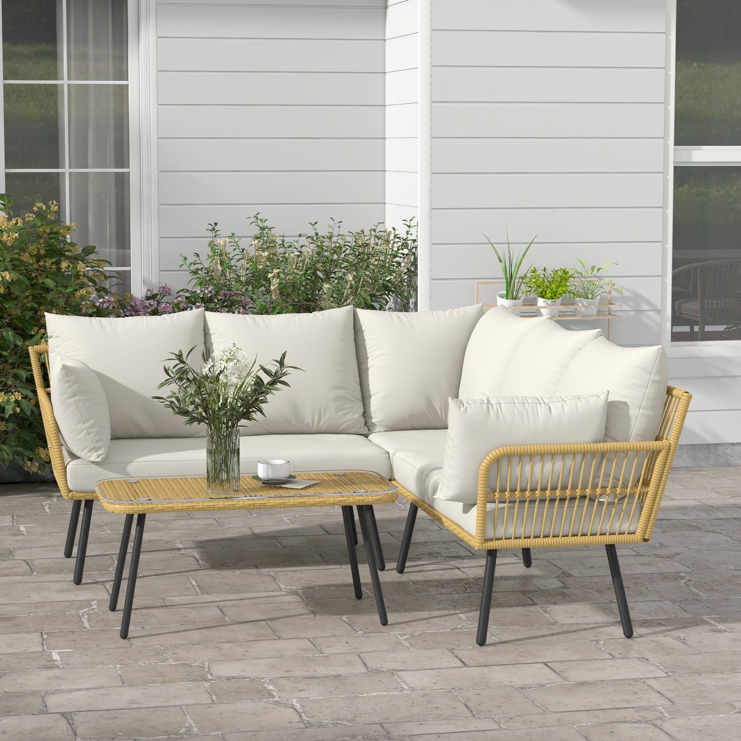 4-Piece Garden Set in PE Rattan with Outdoor Table 90x45x42 cm and 2 Outdoor Sofas 6x63x74 cm, Cream White - Borgè