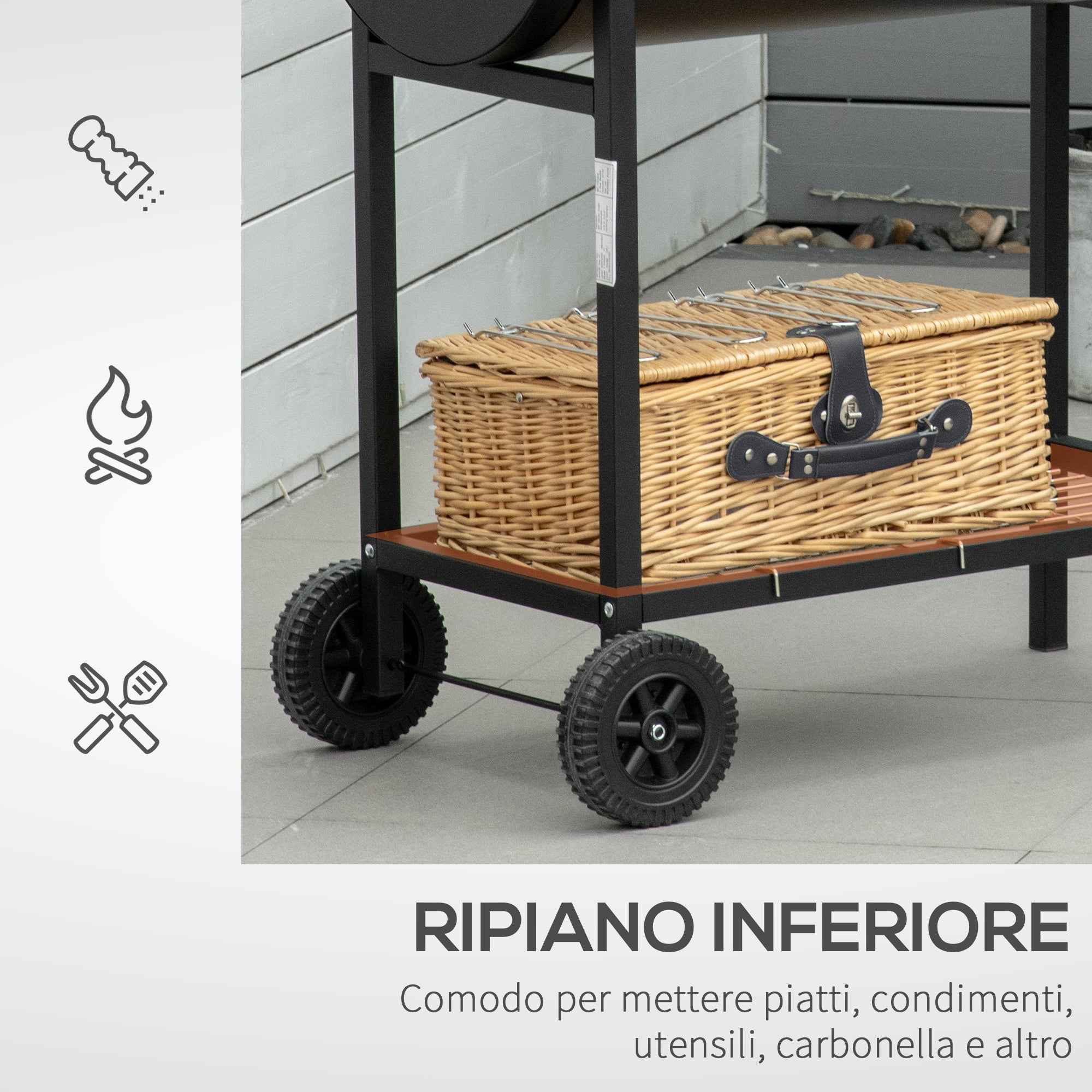 Outsunny Steel Barbecue with 2 Independent Grills, 2 Wheels, and Bottom Shelf | Black | 90cm x 45cm x 96cm