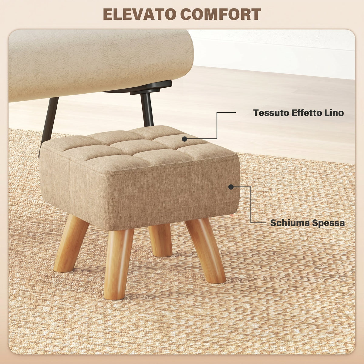 HOMCOM Linen-Effect Fabric Footstool, 27x27x26 cm, Rubber Wood Legs, Load Capacity up to 110 kg, Brown