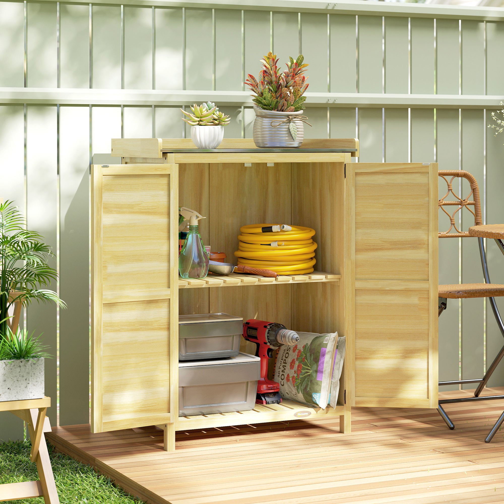 Outsunny Wooden Garden Cabinet with Steel Top, Shelves and Hooks, 71.5x39x95 cm