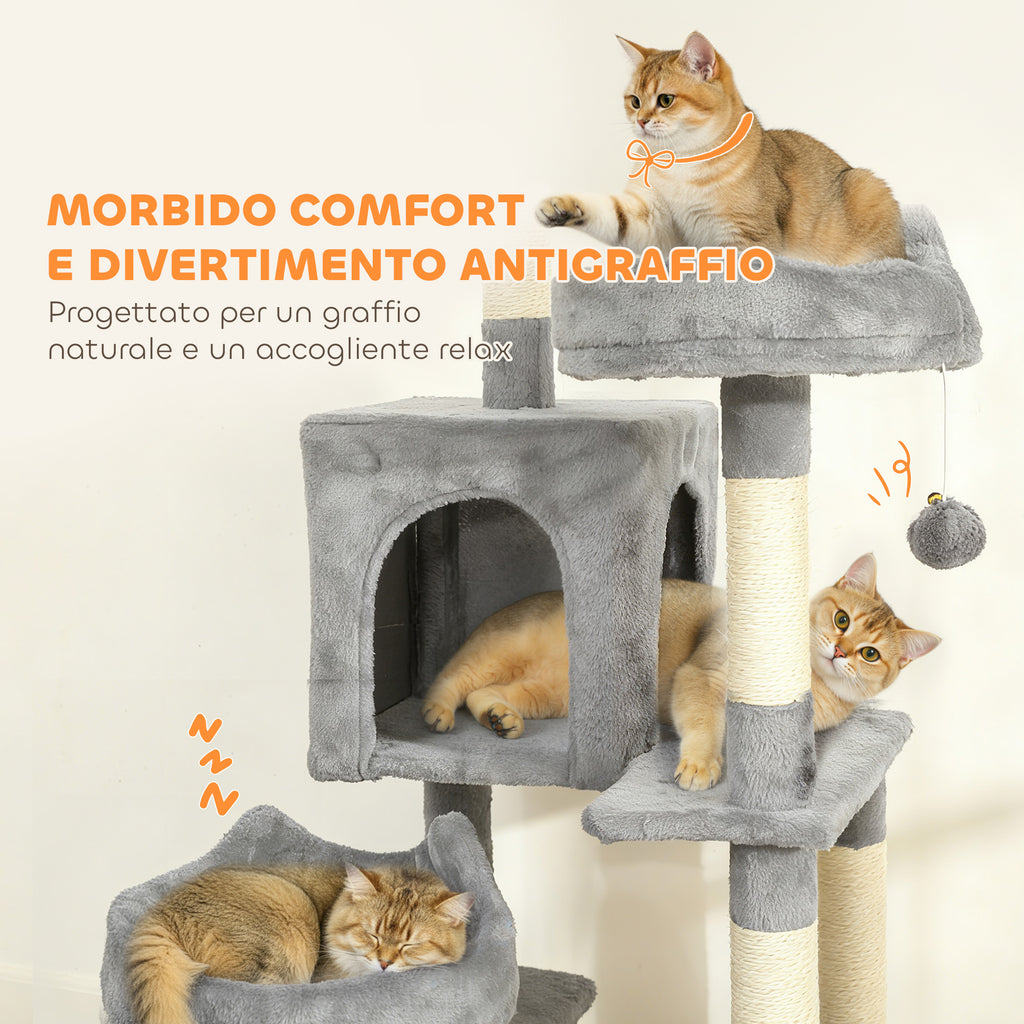 Cat Tree with Ladder, 2 Hammocks, 3 Perches, 2 Houses and 3 Platforms, 48x48x192 cm, Grey and Cream