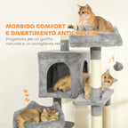 Cat Tree with Ladder, 2 Hammocks, 3 Perches, 2 Houses and 3 Platforms, 48x48x192 cm, Grey and Cream