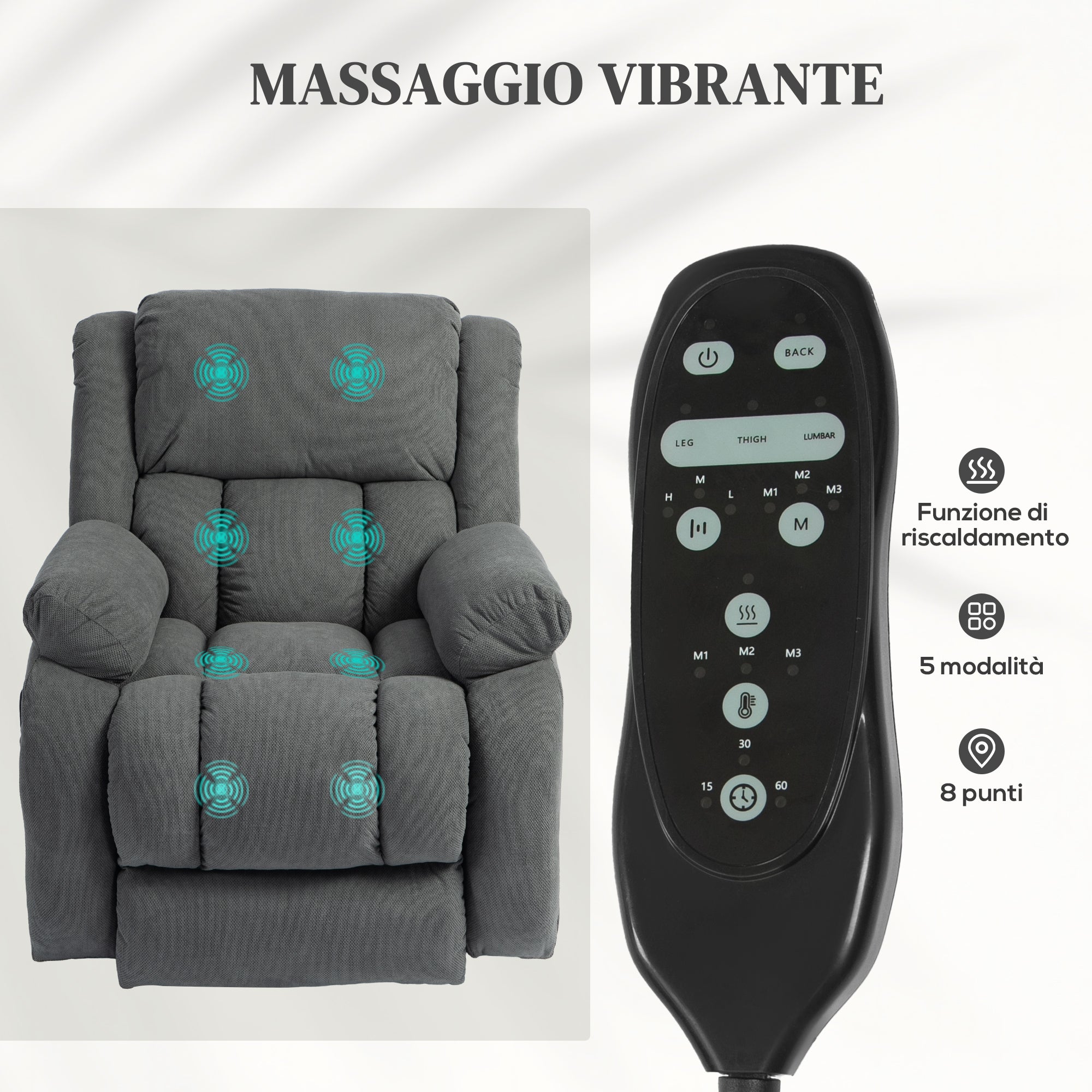 Lift Massage Reclining Chair with 2 Pockets and Remote Control, 93x104x105 cm, Grey