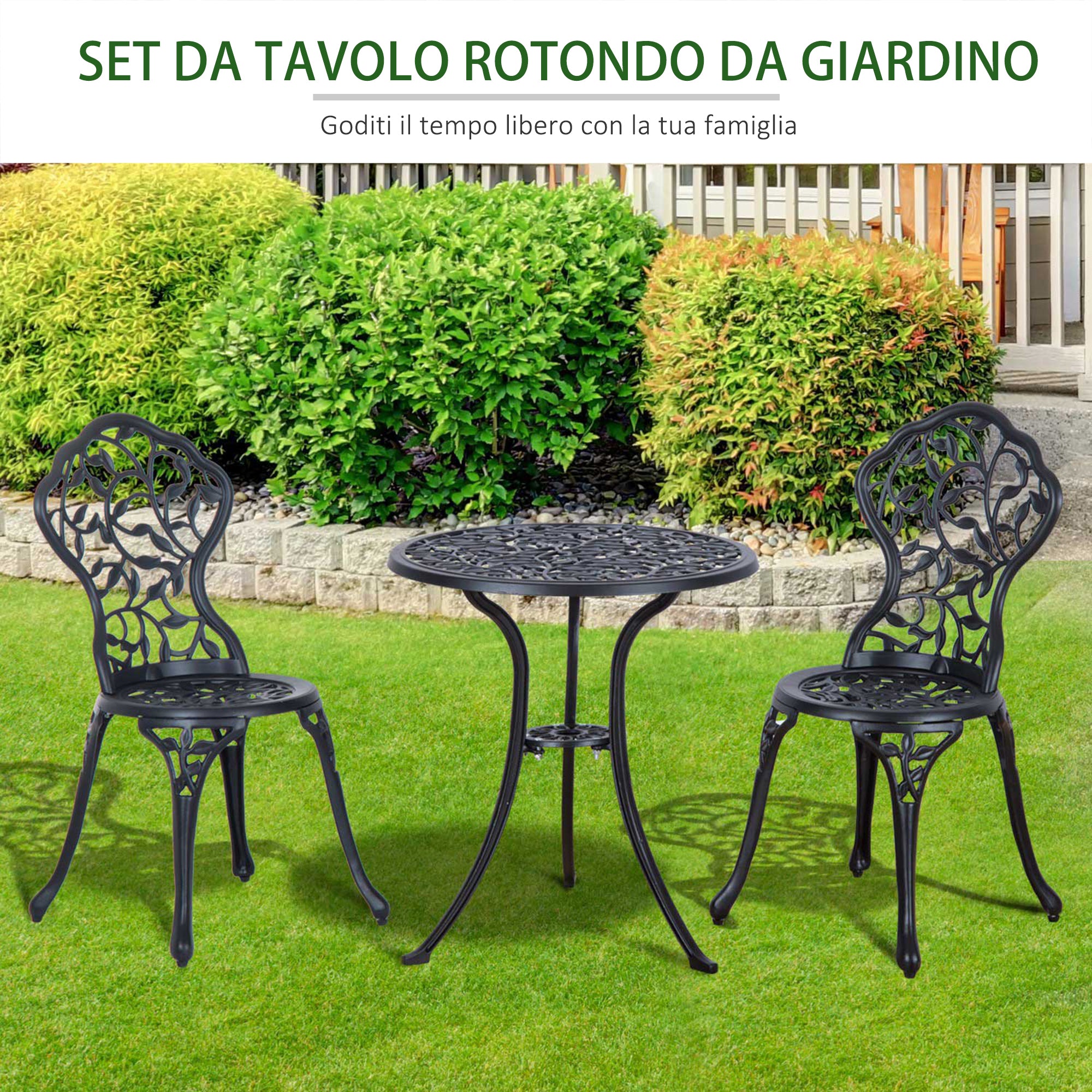 3-Piece Garden Set with 2 Outdoor Chairs and Round Aluminum Table, Black