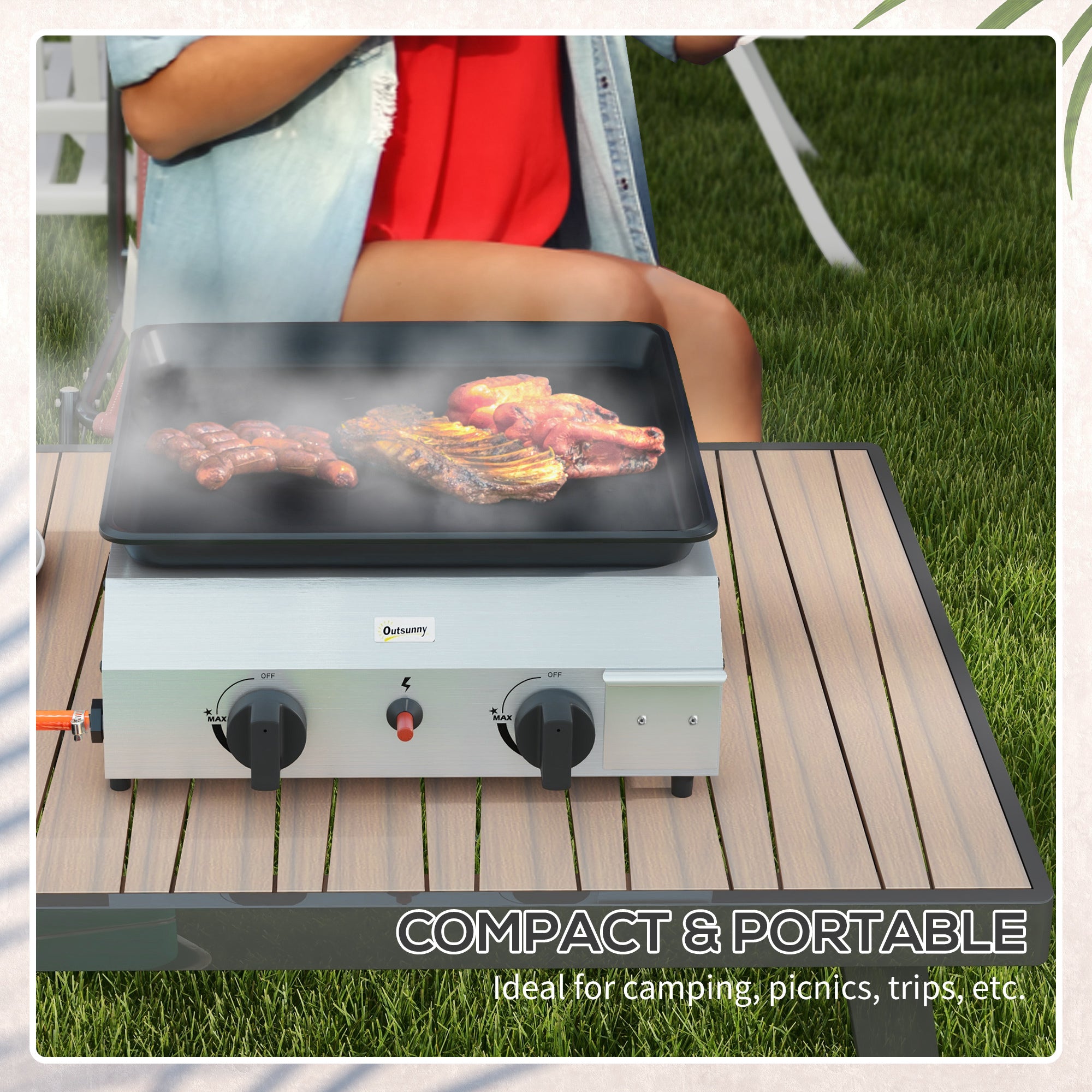Outsunny gas barbecue plate with 2 burners, non -stick plane and 4.8kw power, silver - Borgè