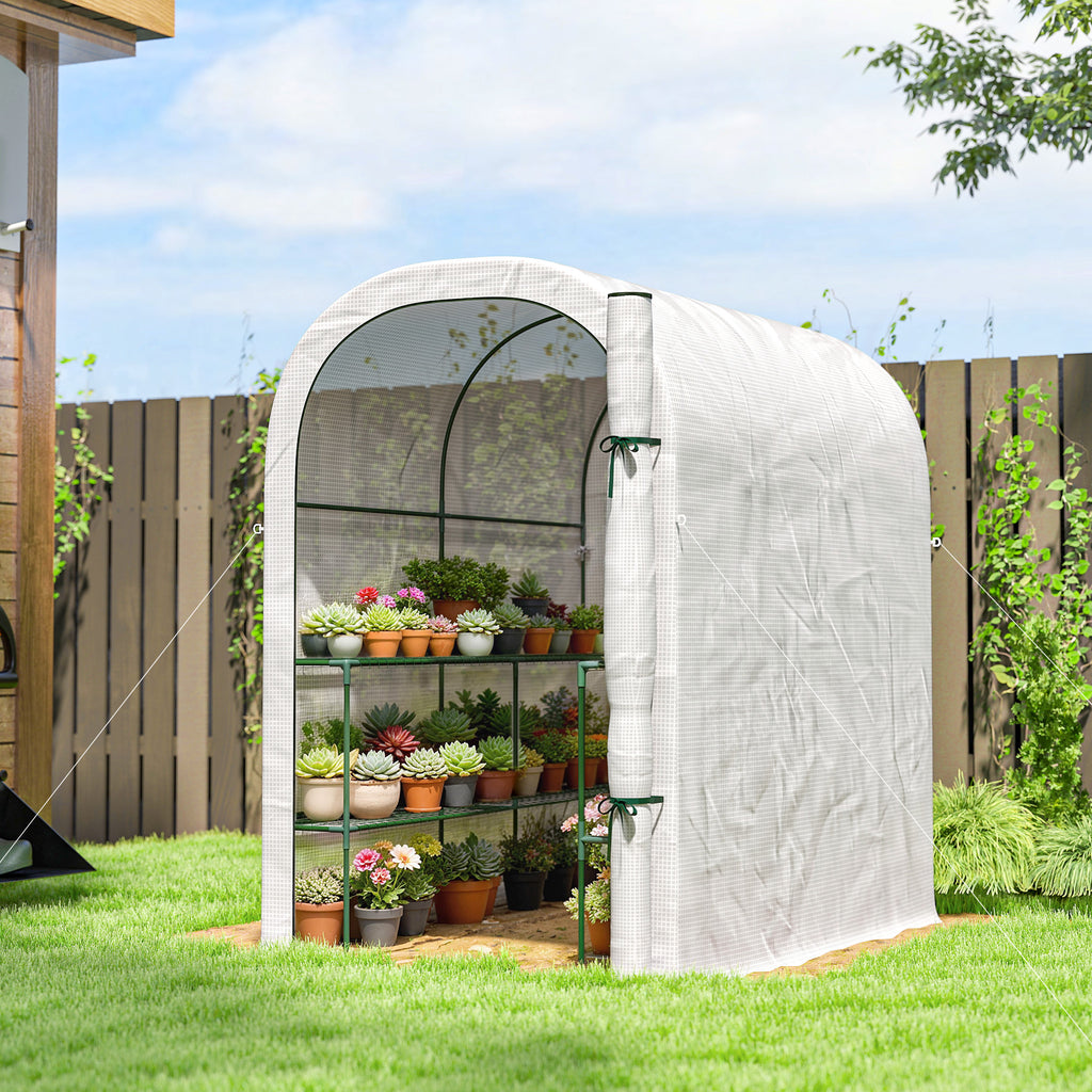 Outsunny Garden Greenhouse with 2-Tier Shelves and Roll-Up Door, Steel and PE, 123x187x189 cm, White