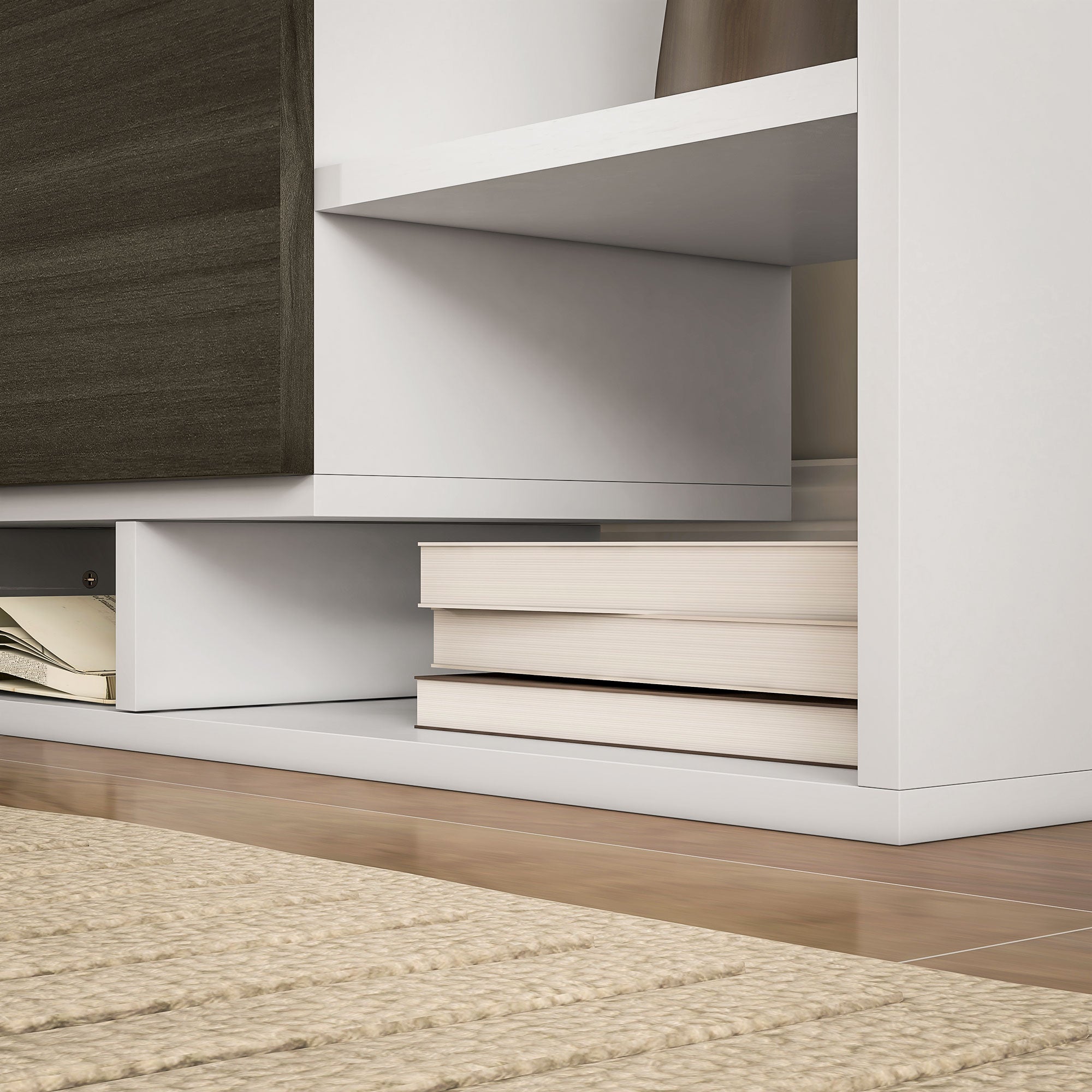 TV Cabinet with Wall Shelf, Open Shelves and Wooden Cabinet, Black and White