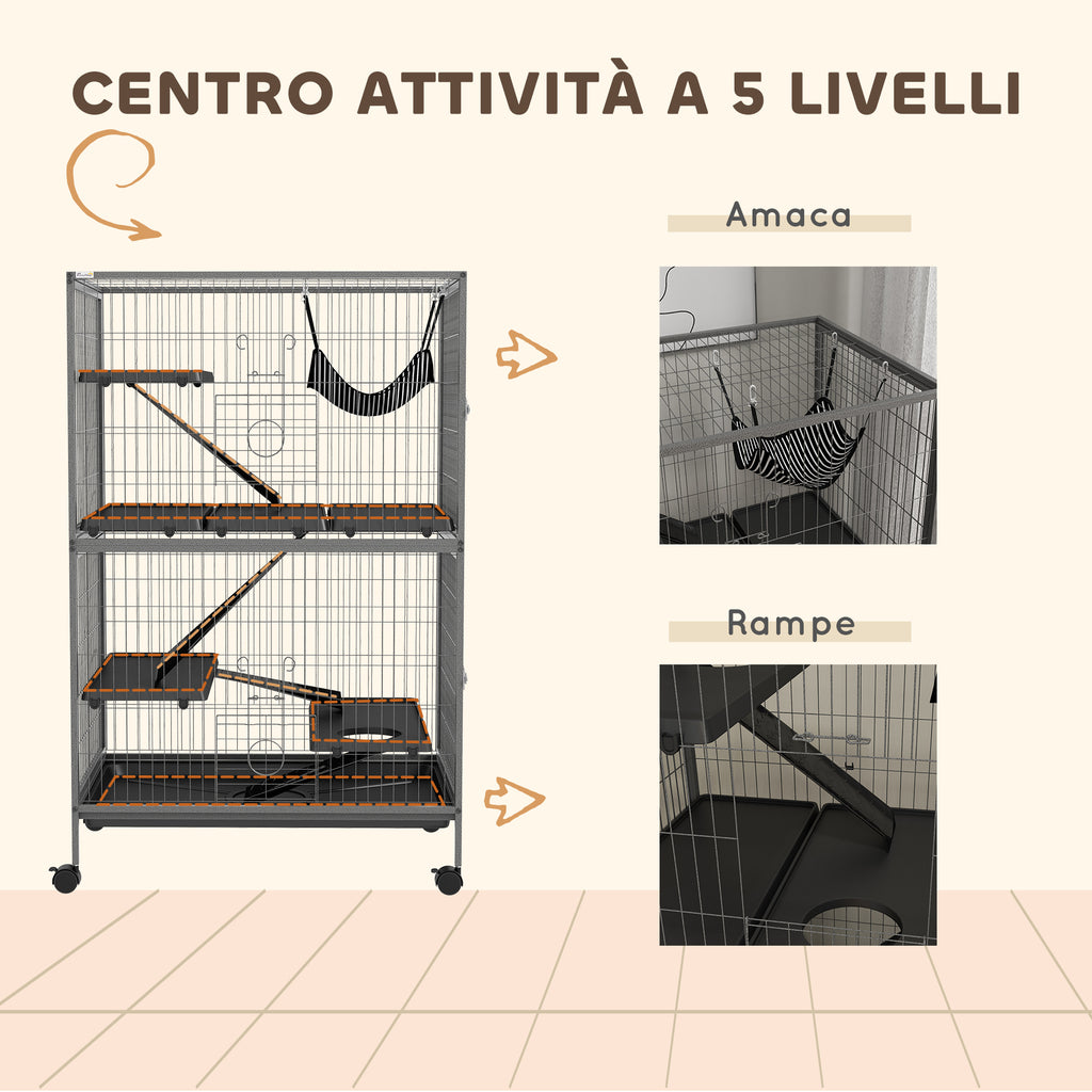 Rodent Cage with 4 Multi-Level Entrances and Hammock, Metal and PP, 80x52x128 cm, Silver and Grey