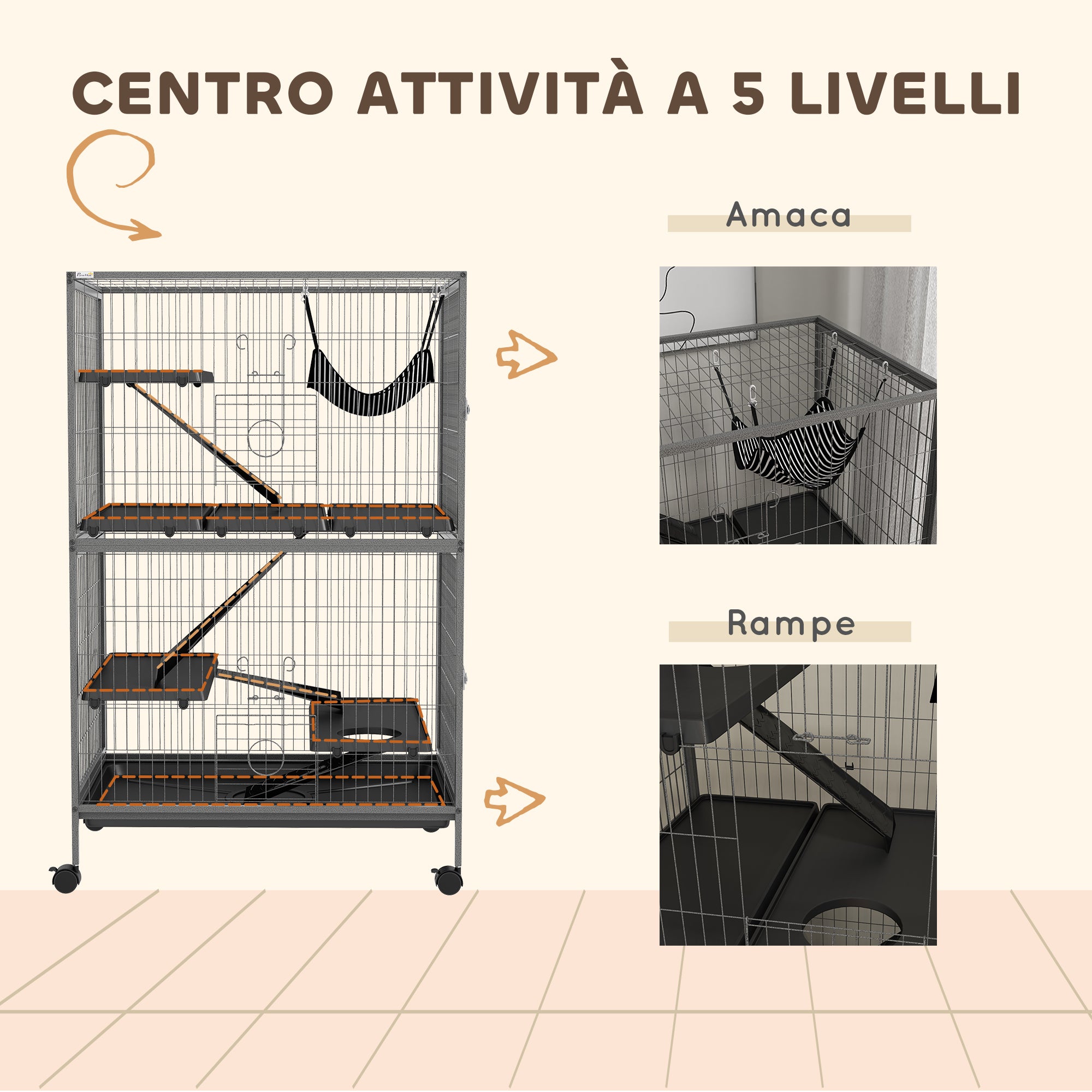 Rodent Cage with 4 Multi-Level Entrances and Hammock, Metal and PP, 80x52x128 cm, Silver and Grey