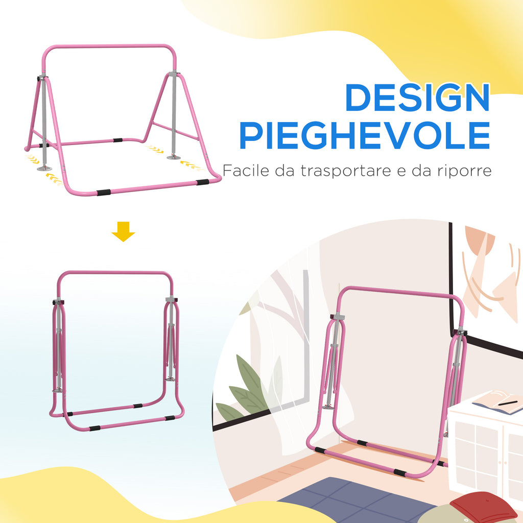 Folding Pull Up Bar for Children 3-8 Years with Adjustable Heights in Steel, 154x106.2x88.5-128.5cm, Pink