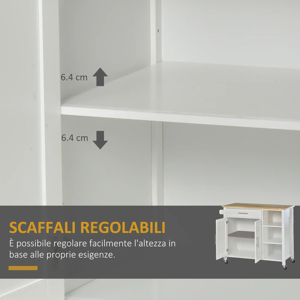 Space-Saving Trolley with Wheels, Solid Wood Kitchen Peninsula: 1 Drawer, 1 Cabinet, 3 Shelves and 4 Wheels, 107.5x48x89 cm
