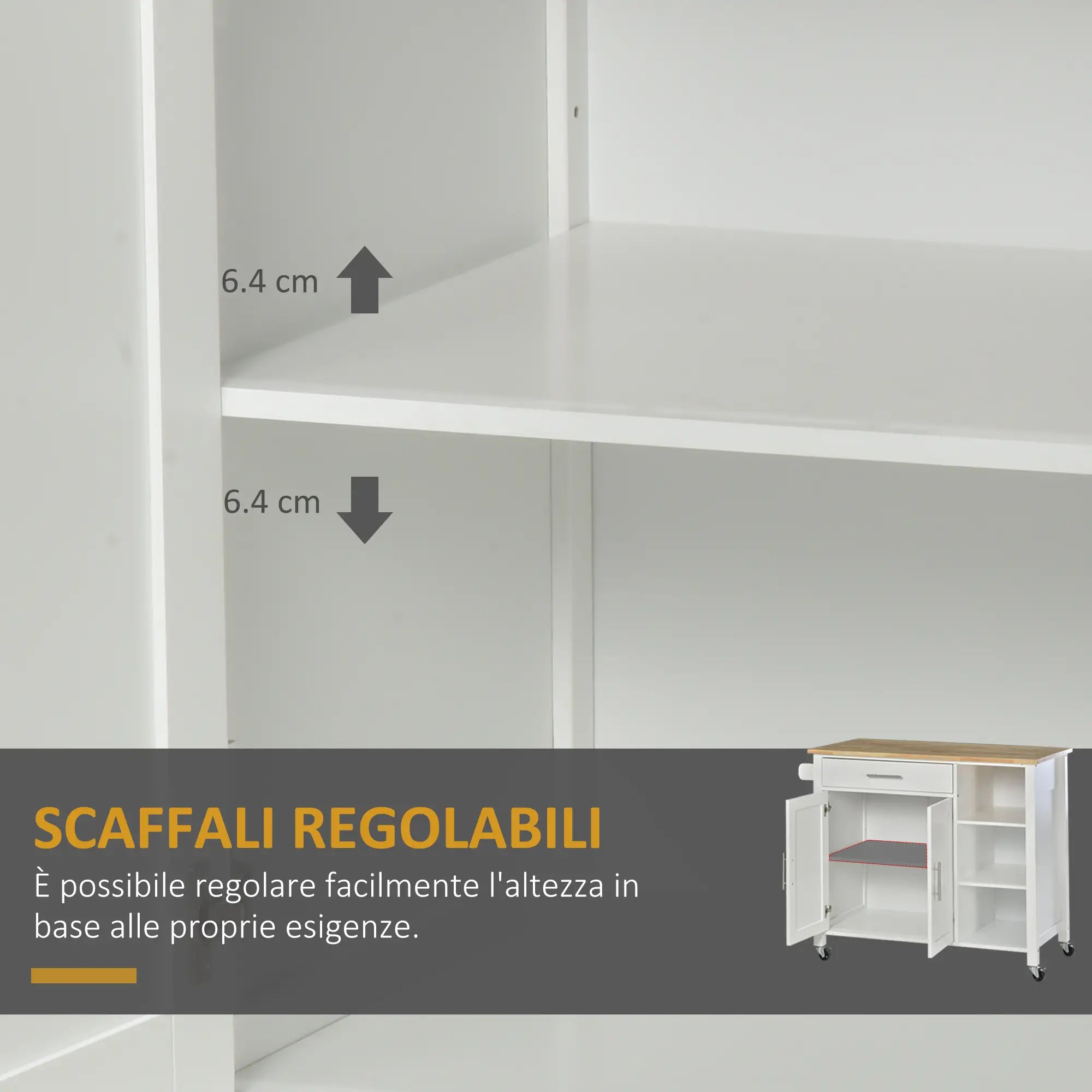 Space-Saving Trolley with Wheels, Solid Wood Kitchen Peninsula: 1 Drawer, 1 Cabinet, 3 Shelves and 4 Wheels, 107.5x48x89 cm
