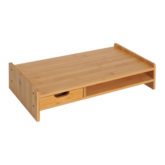 HOMCOM Monitor Stand with Space for Mouse and Keyboard and Shelf with Storage Cube, Bamboo, 49x25.5x11.5 cm - Borgè