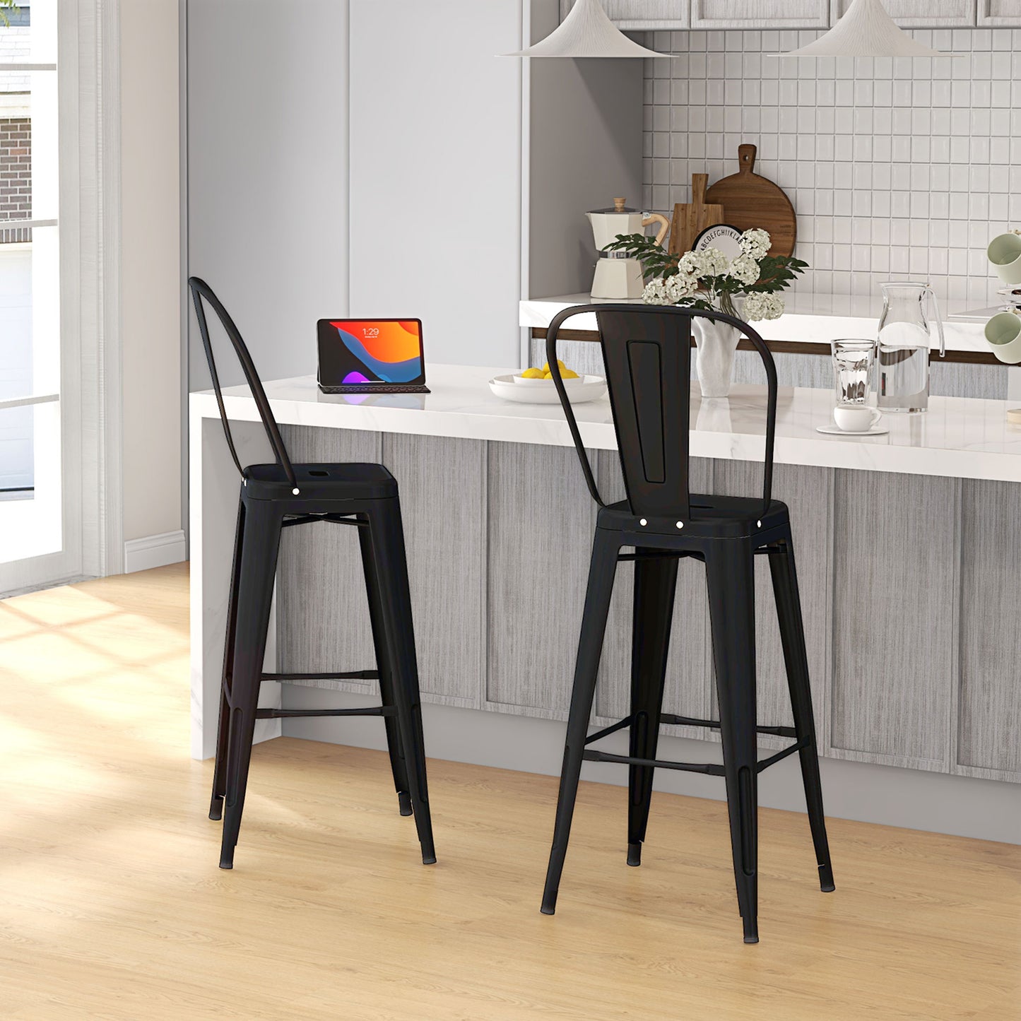 Set of 2 Industrial Bar Stools with Removable Backrest and Footrest, in Metal, 44x49x116 cm, Black