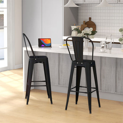 Set of 2 Industrial Bar Stools with Removable Backrest and Footrest, in Metal, 44x49x116 cm, Black