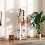 Floor Coat Hanger with Rod and 2 Open Shelves, in Wood and Steel, 38.5x30x170 cm, White and Wood Color
