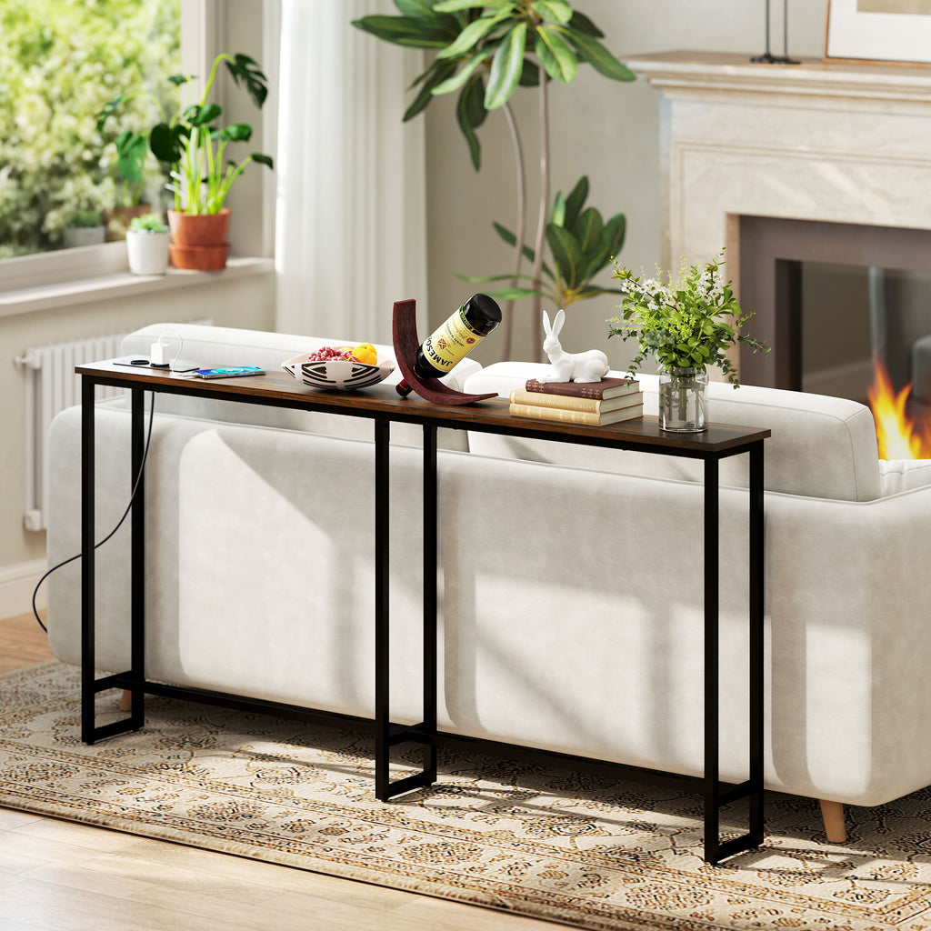 Industrial Style Console Table with Charging Station, in Wood and Steel, 160x20x80 cm, Brown