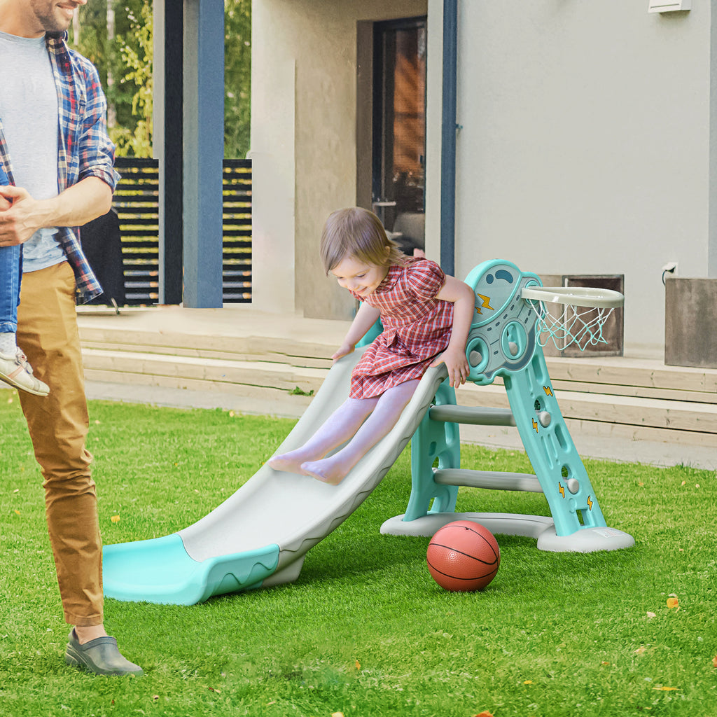 Foldable Slide for Children from 18 Months with 3 Steps and Basketball Hoop, 140x87x75cm, Blue and Grey