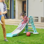 Foldable Slide for Children from 18 Months with 3 Steps and Basketball Hoop, 140x87x75cm, Blue and Grey