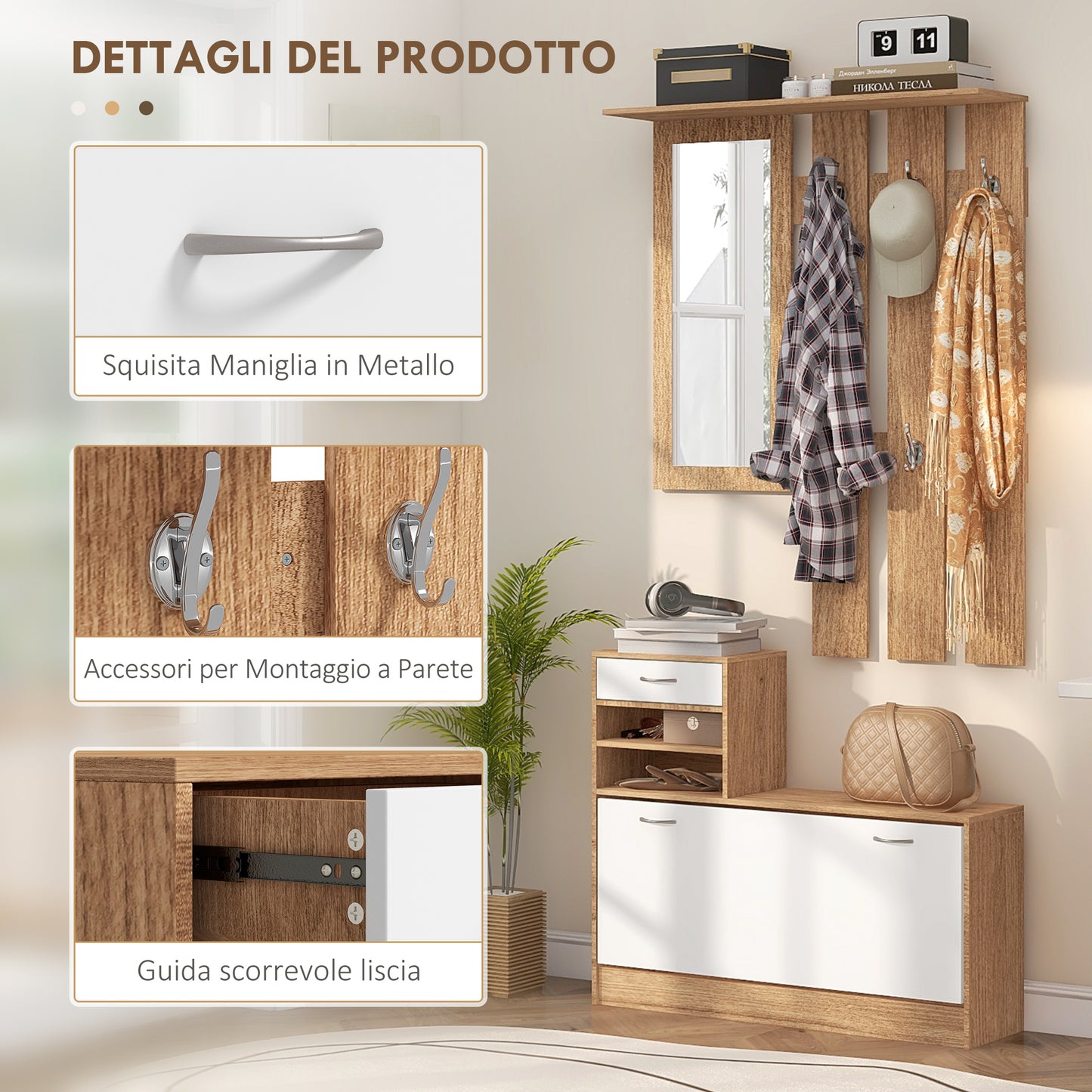 TWENTY | Coat Stand 3 in 1 with Shoe Rack and Mirror, Hooks and Drawers, in Wood, 90x24x177 cm, White and Walnut