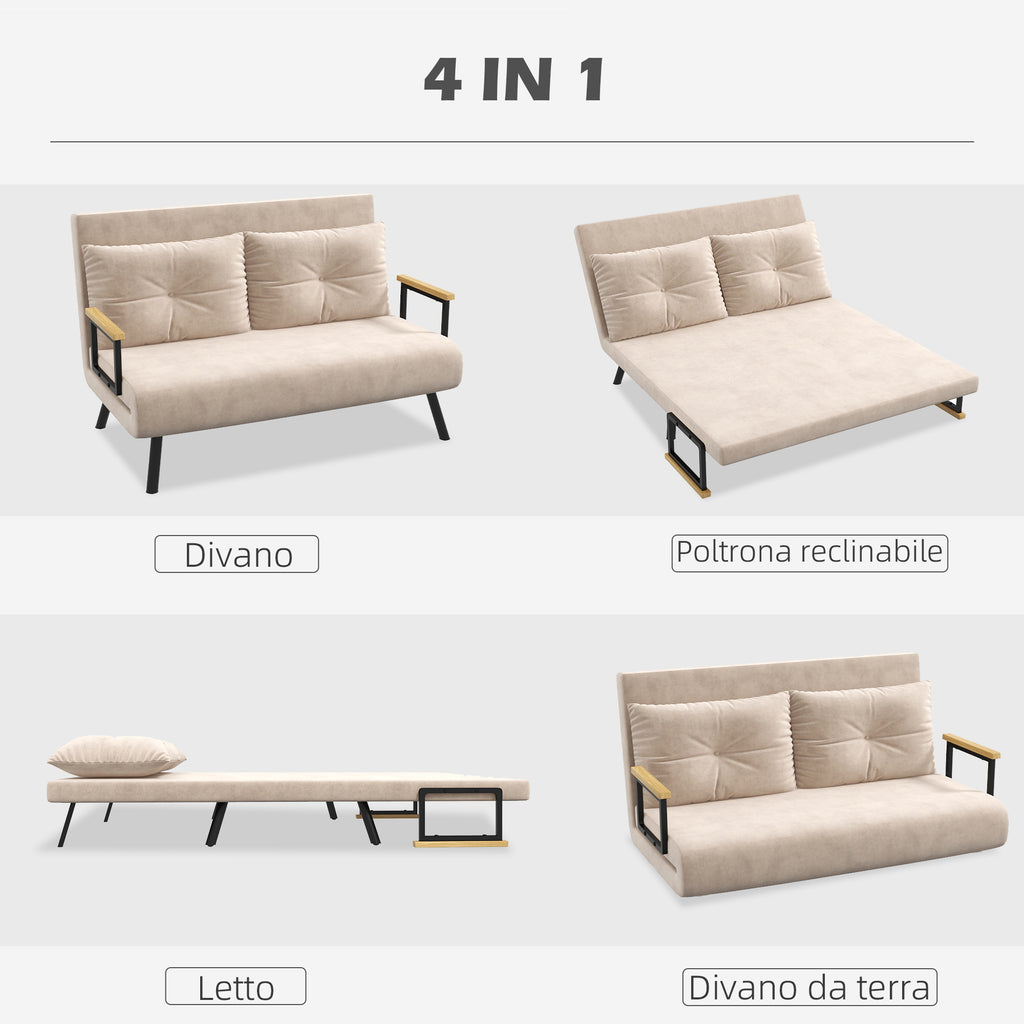 3-in-1 Velvet Fabric Sofa Bed with Adjustable Backrest and 2 Cushions, 102x73x81 cm, Beige
