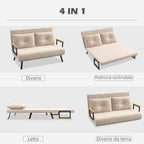 3-in-1 Velvet Fabric Sofa Bed with Adjustable Backrest and 2 Cushions, 102x73x81 cm, Beige
