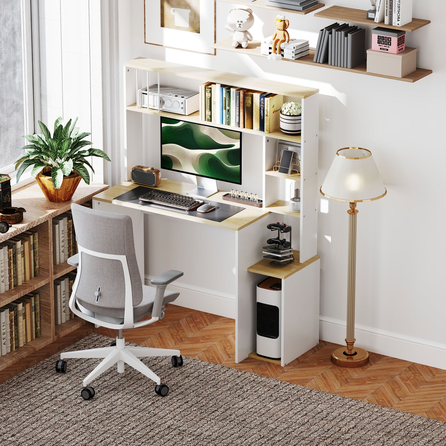 Modern PC Desk with Bookcase, Shelf and CPU Holder, 113x45x138.5 cm, Oak