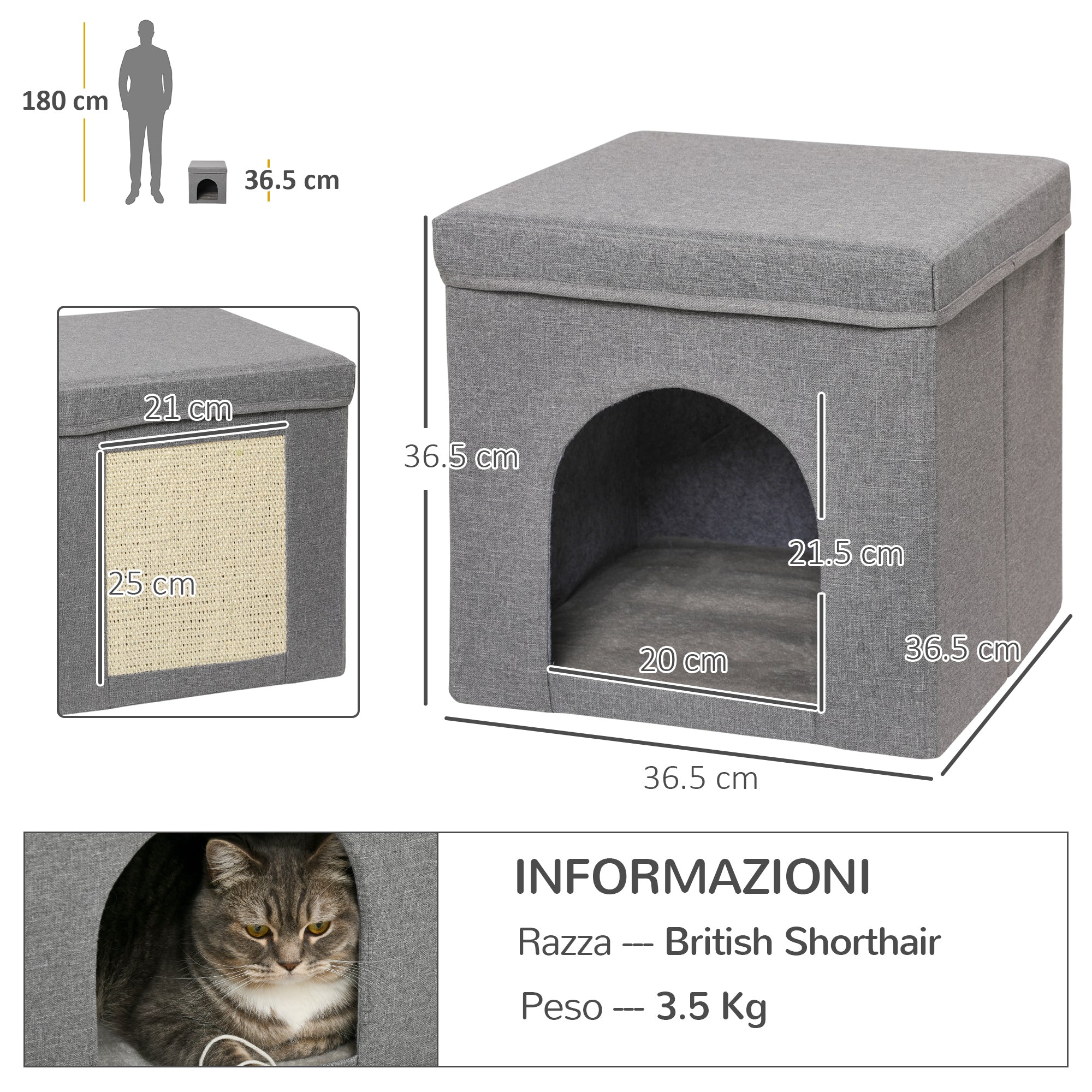 Foldable Cat House with Cushion and Scratching Mat, 36.5 x 36.5 x 36.5 cm, Grey