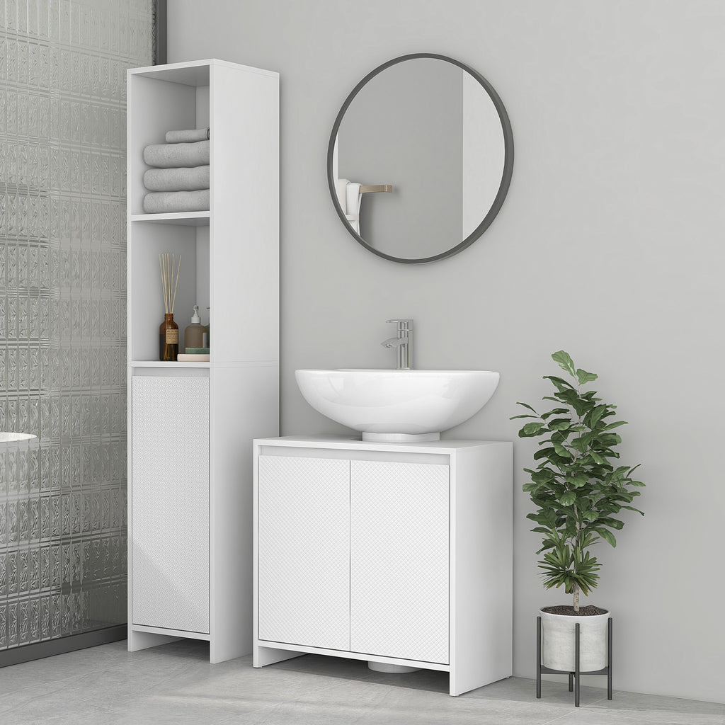 Bathroom Vanity Unit with 2 Decorated Doors and U-Cut for Pipes, 60x30x60cm, White
