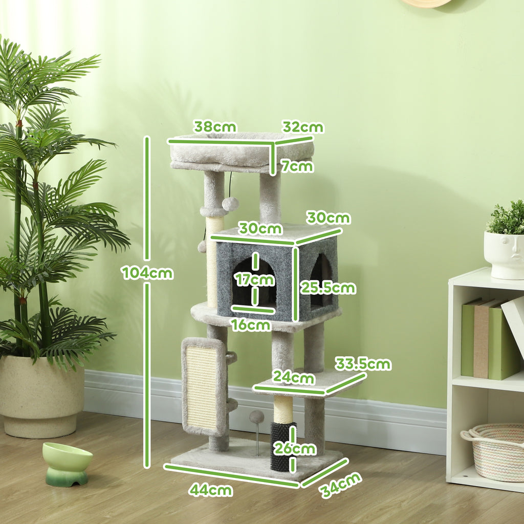Multi-Level Cat Tree, 104 cm Tall, with House, Bed, Scratching Posts, Brush and Ball, Grey