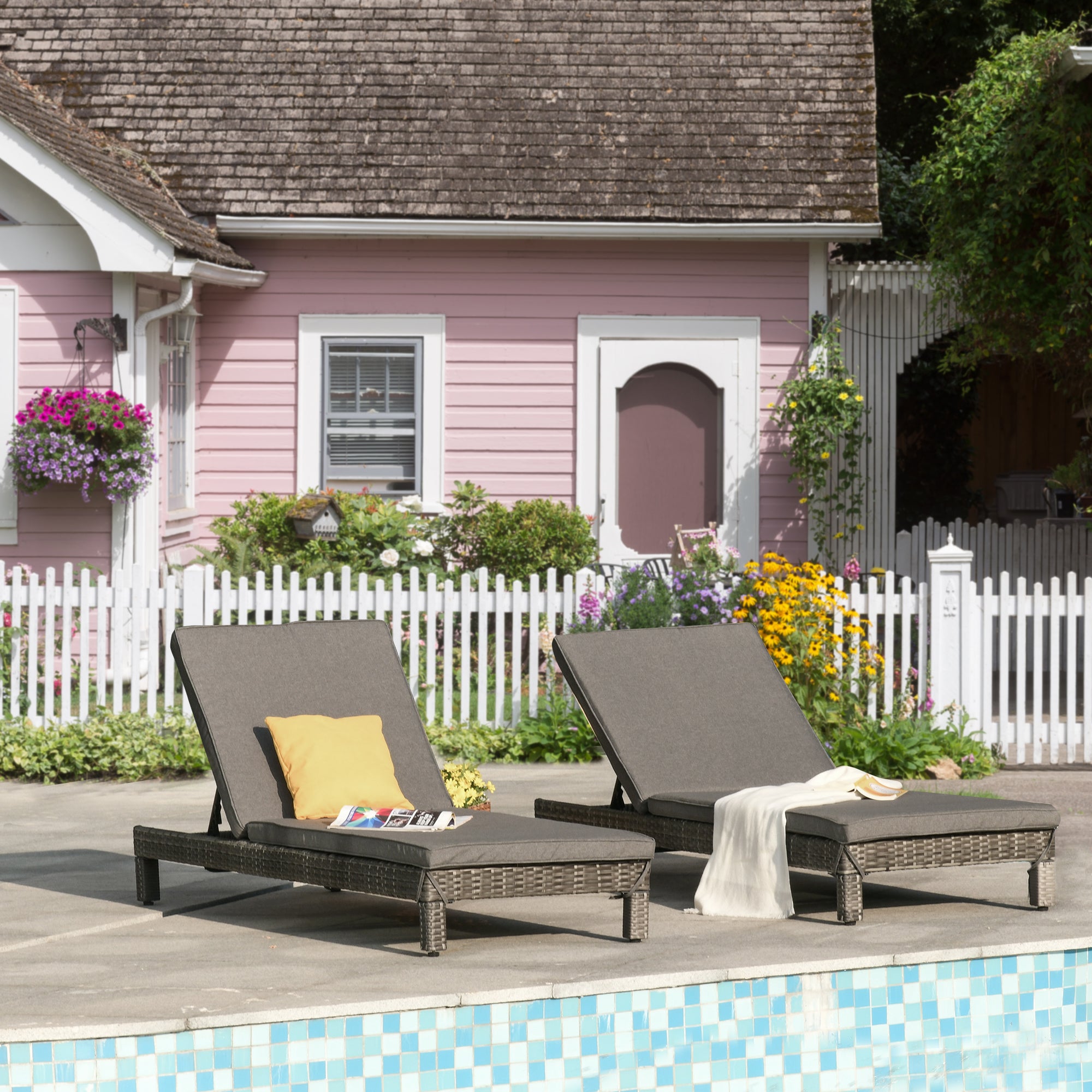 Outsunny Set of 2 Garden Loungers with Adjustable Padded Cushion, Grey