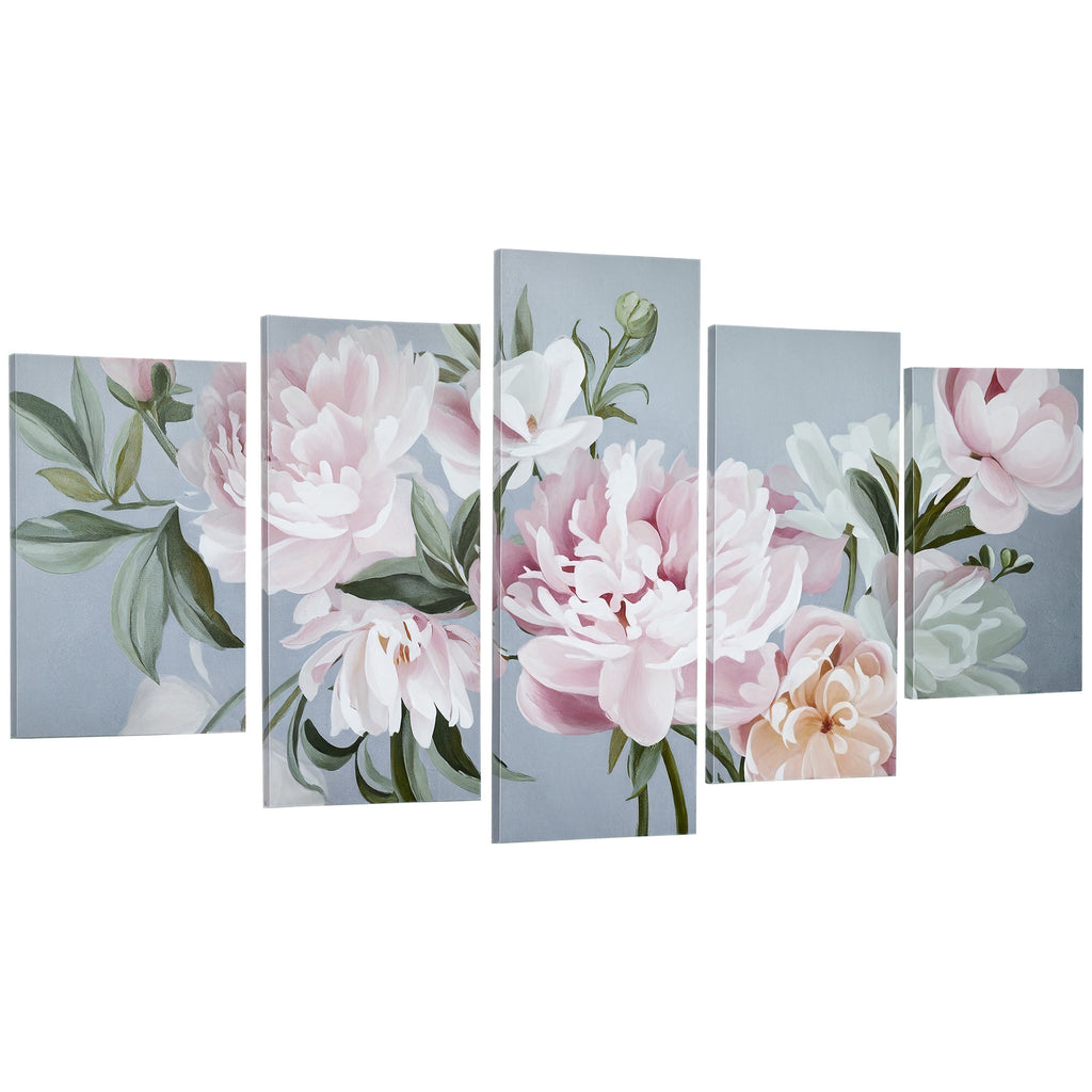 Peony Canvas Print, 5 Pieces for Home and Office, Pine Wood Canvas and Water-Based Paint, 200x100cm, Multicolor