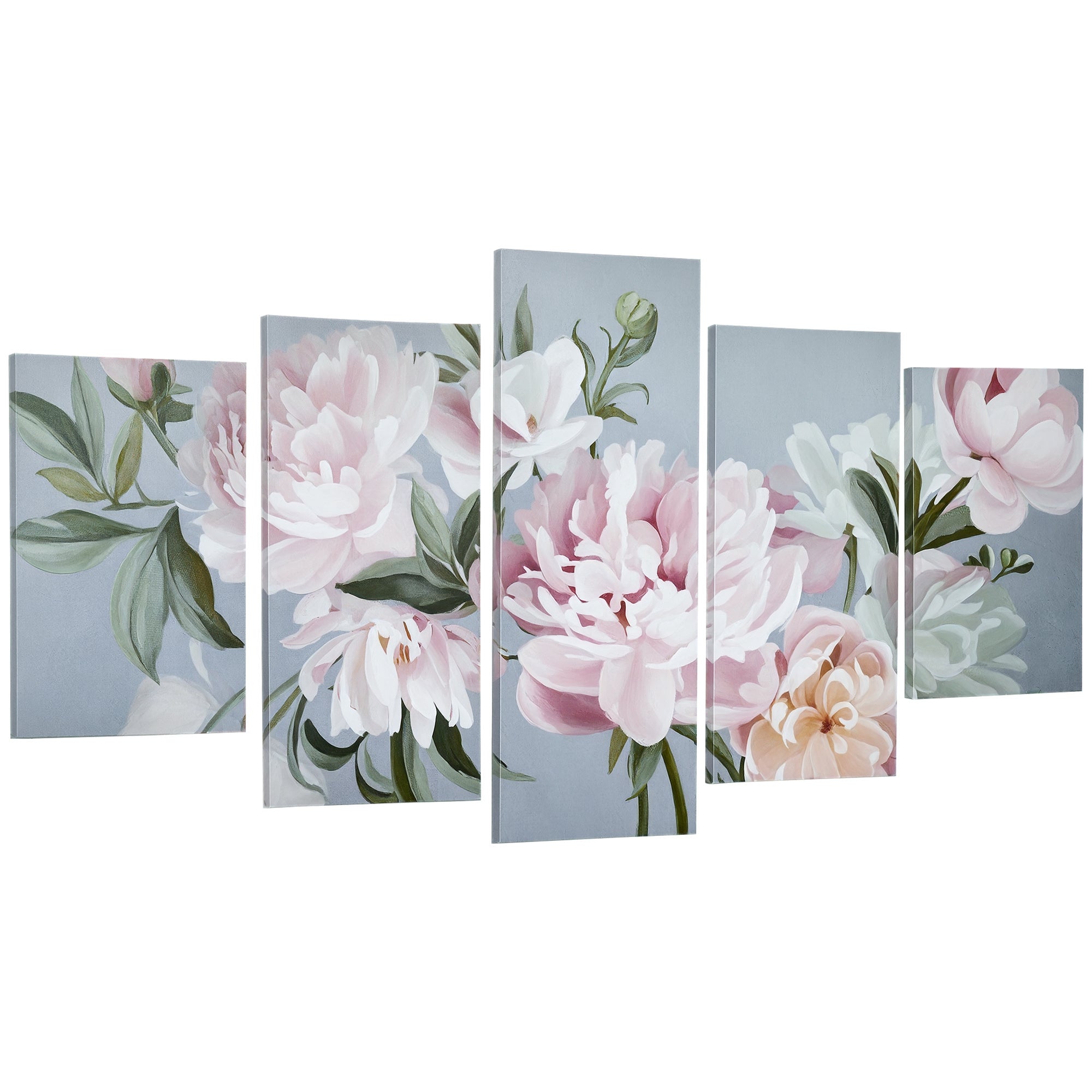Peony Canvas Print, 5 Pieces for Home and Office, Pine Wood Canvas and Water-Based Paint, 200x100cm, Multicolor